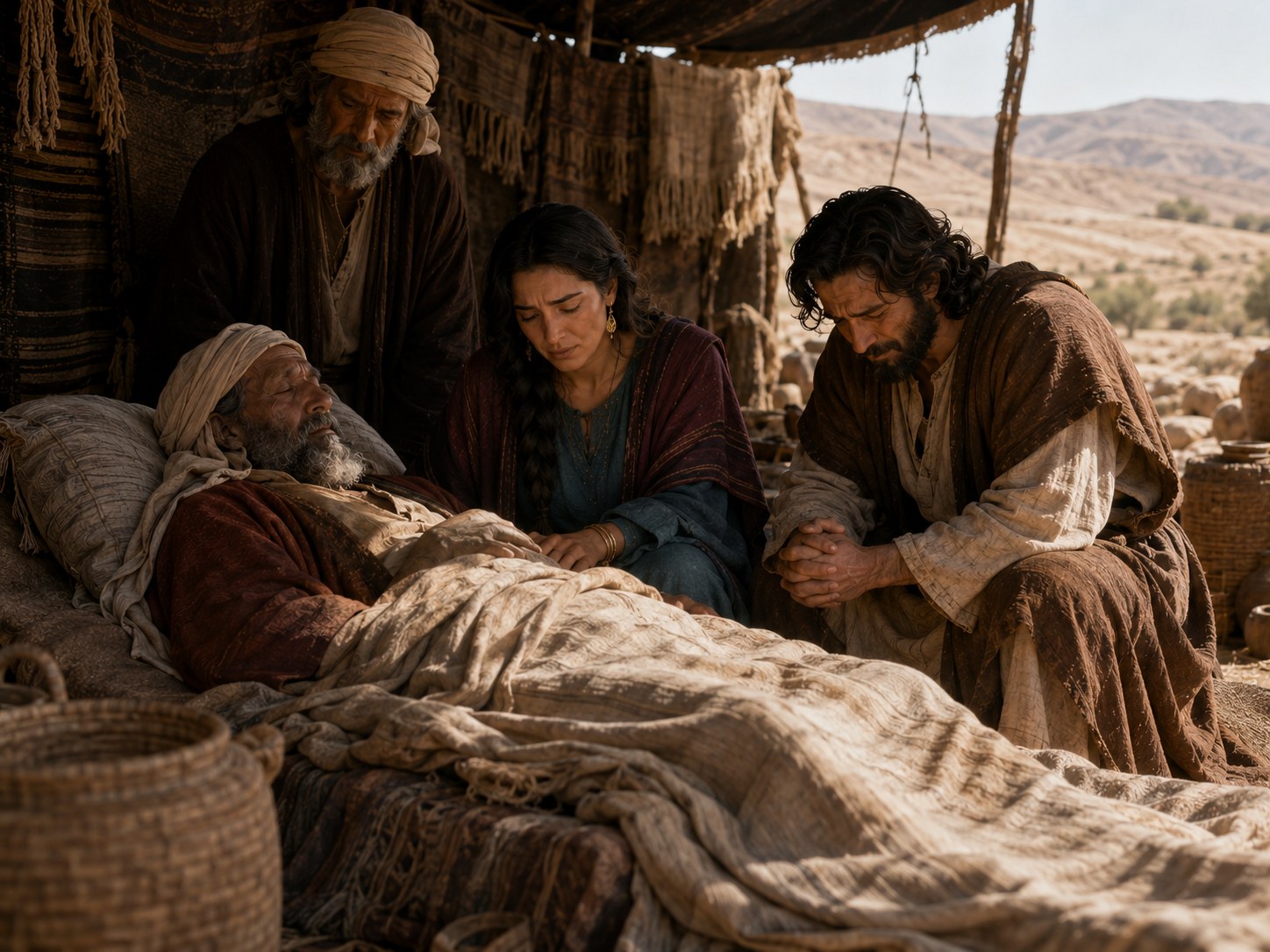 Homem idoso de manto claro deitado sob uma tenda aberta ao amanhecer no deserto, com filhos reunidos em silêncio ao redor e camelos ao fundo.