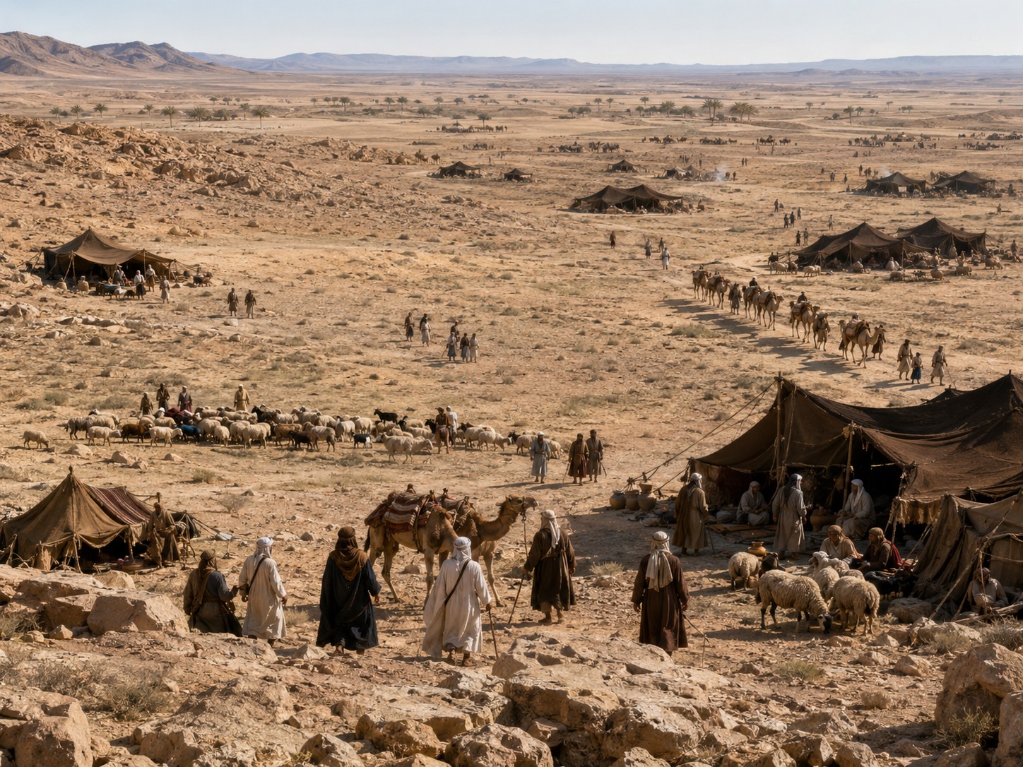Faixa de deserto ao entardecer com uma caravana de camelos ao longe e tendas escuras armadas junto a uma linha de colinas áridas.