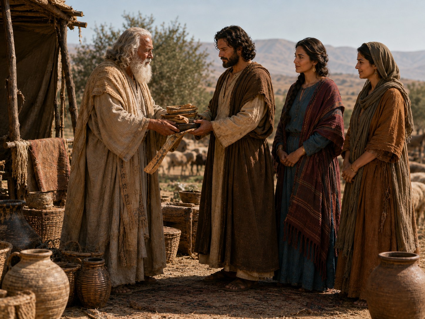Mãos de um homem idoso entregando um cajado e uma bolsa de couro a um homem mais novo, diante de uma tenda no deserto, com rebanhos ao fundo.