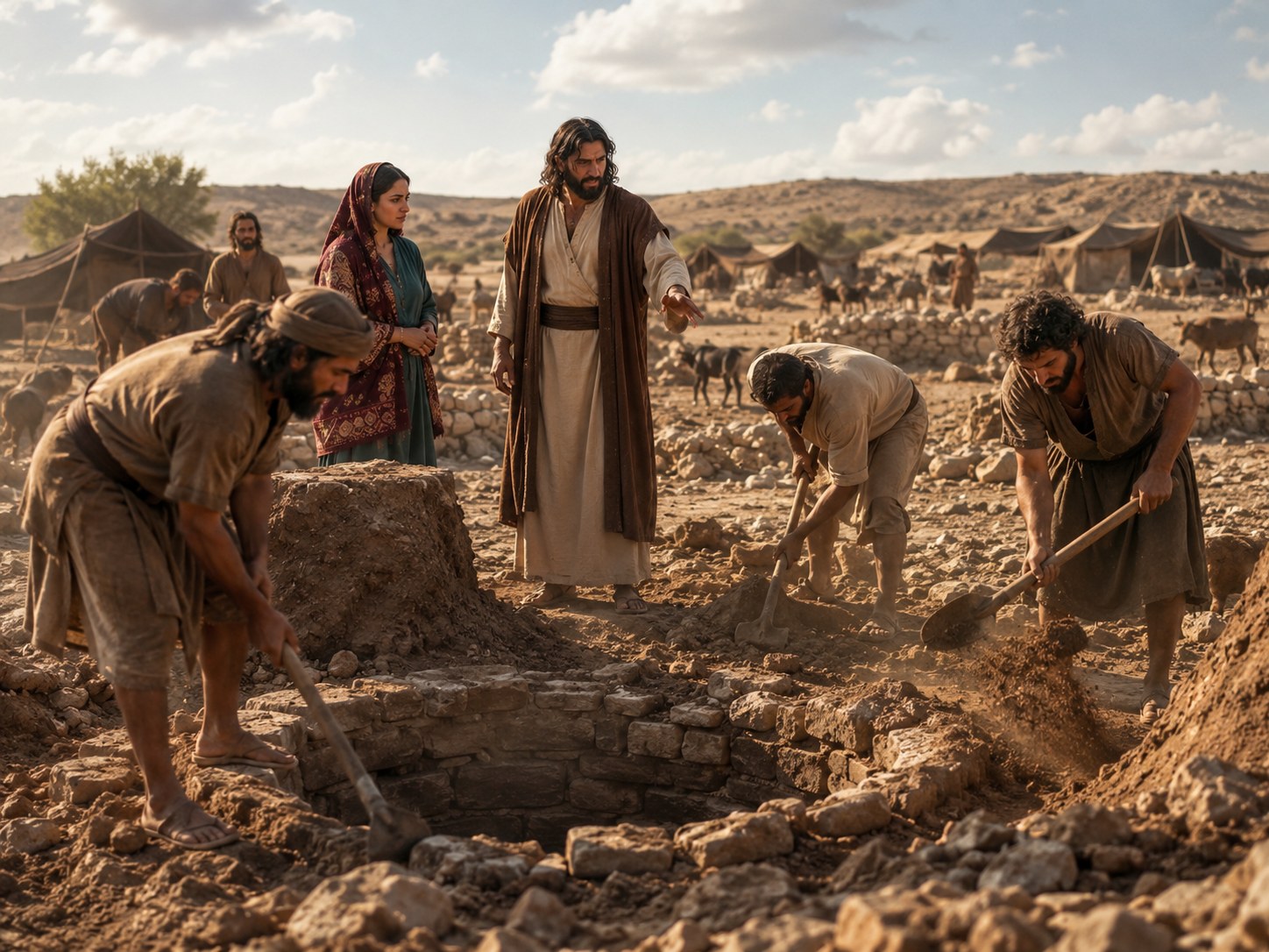 Homem escavando poço no deserto com outros trabalhadores ao fundo, pedras empilhadas ao lado e tenda no horizonte.