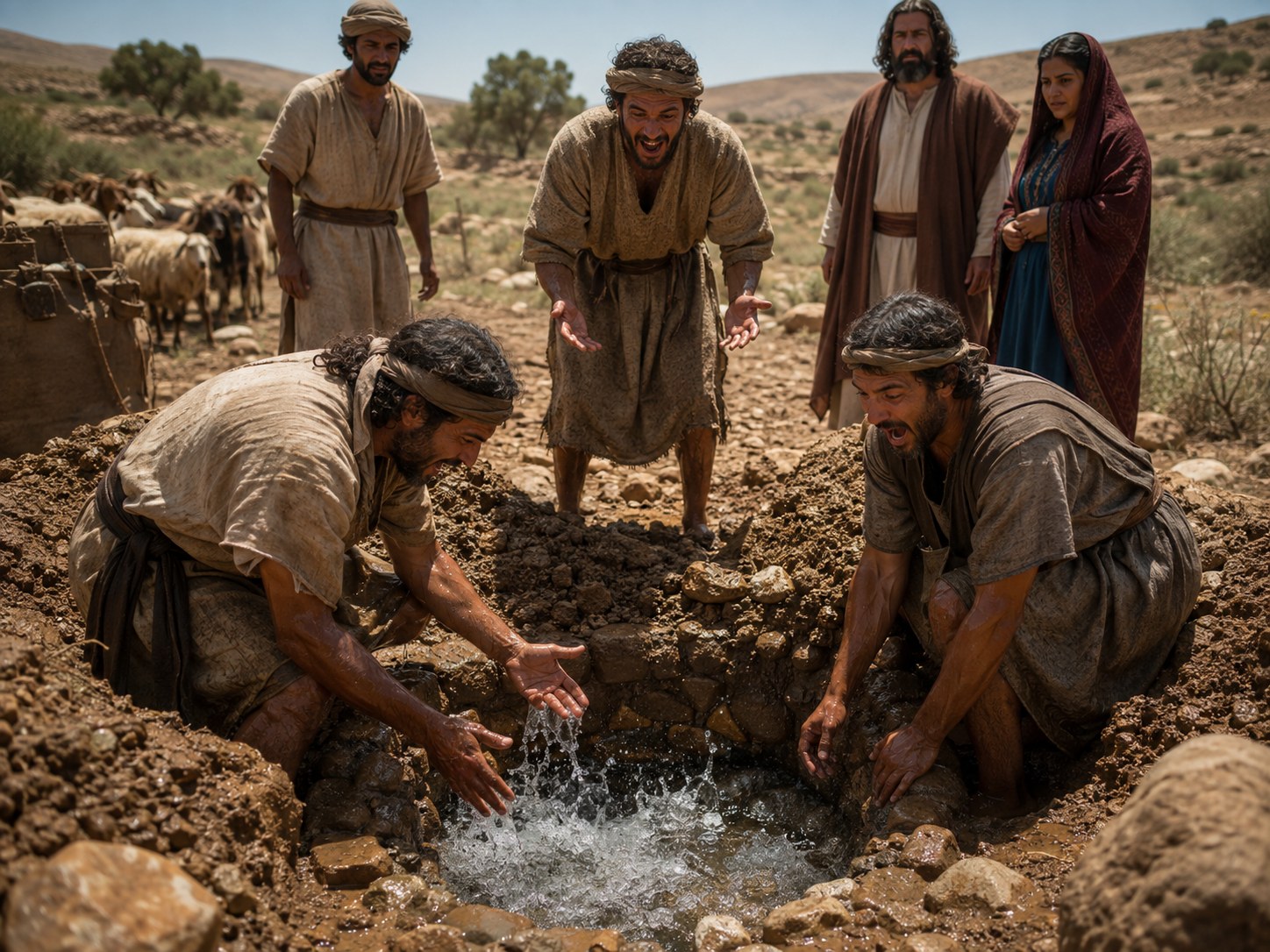 Homens cavando no fundo de um leito seco de rio no deserto, com areia ao redor e colinas baixas ao fundo, sob sol forte; um deles ajoelhado tocando a areia úmida no fundo da escavação.