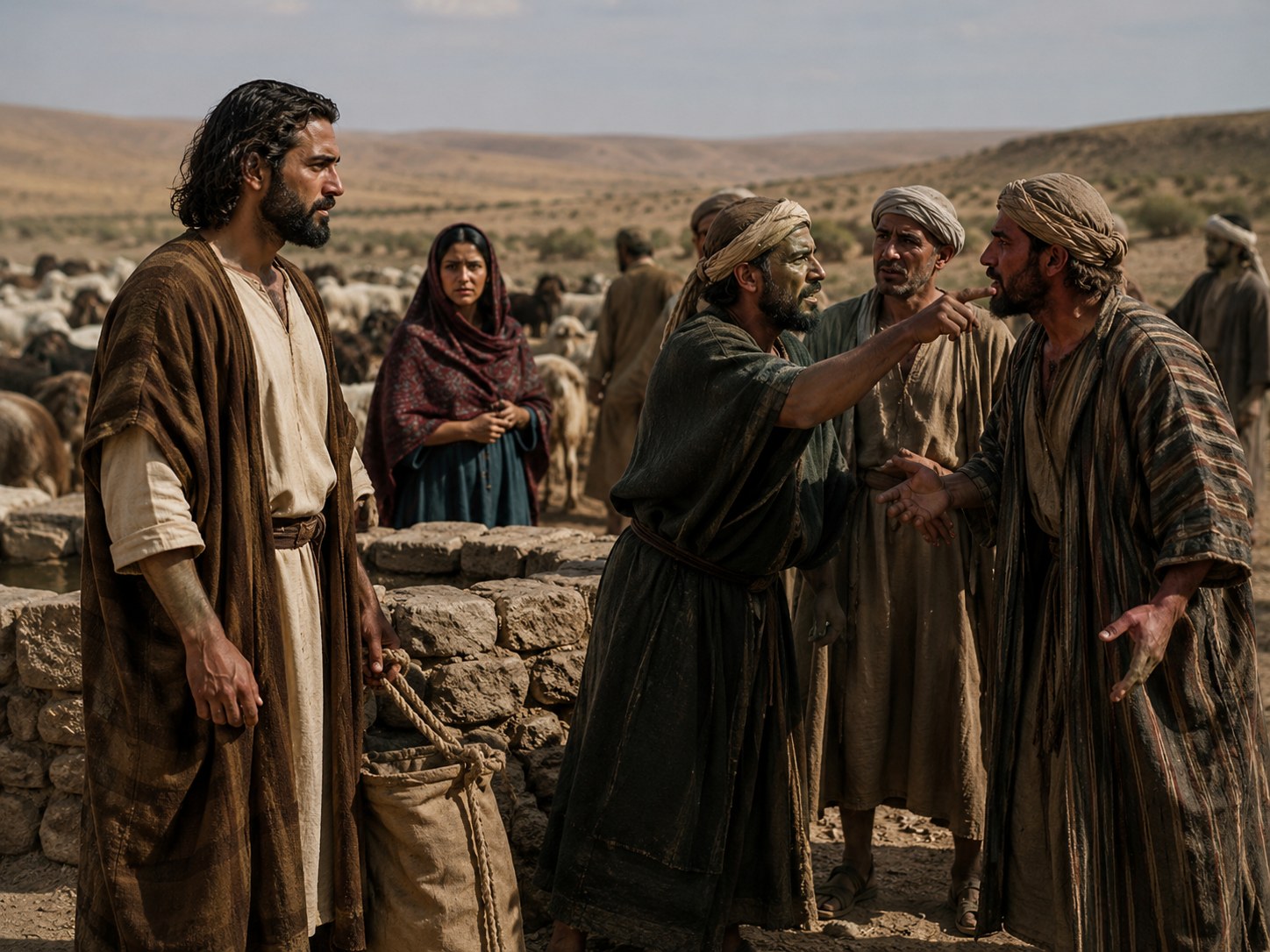 Grupo de pastores em roupas de lã confrontando outro grupo junto a um poço no deserto, rebanho de ovelhas ao fundo, expressões tensas, ambiente árido e seco.