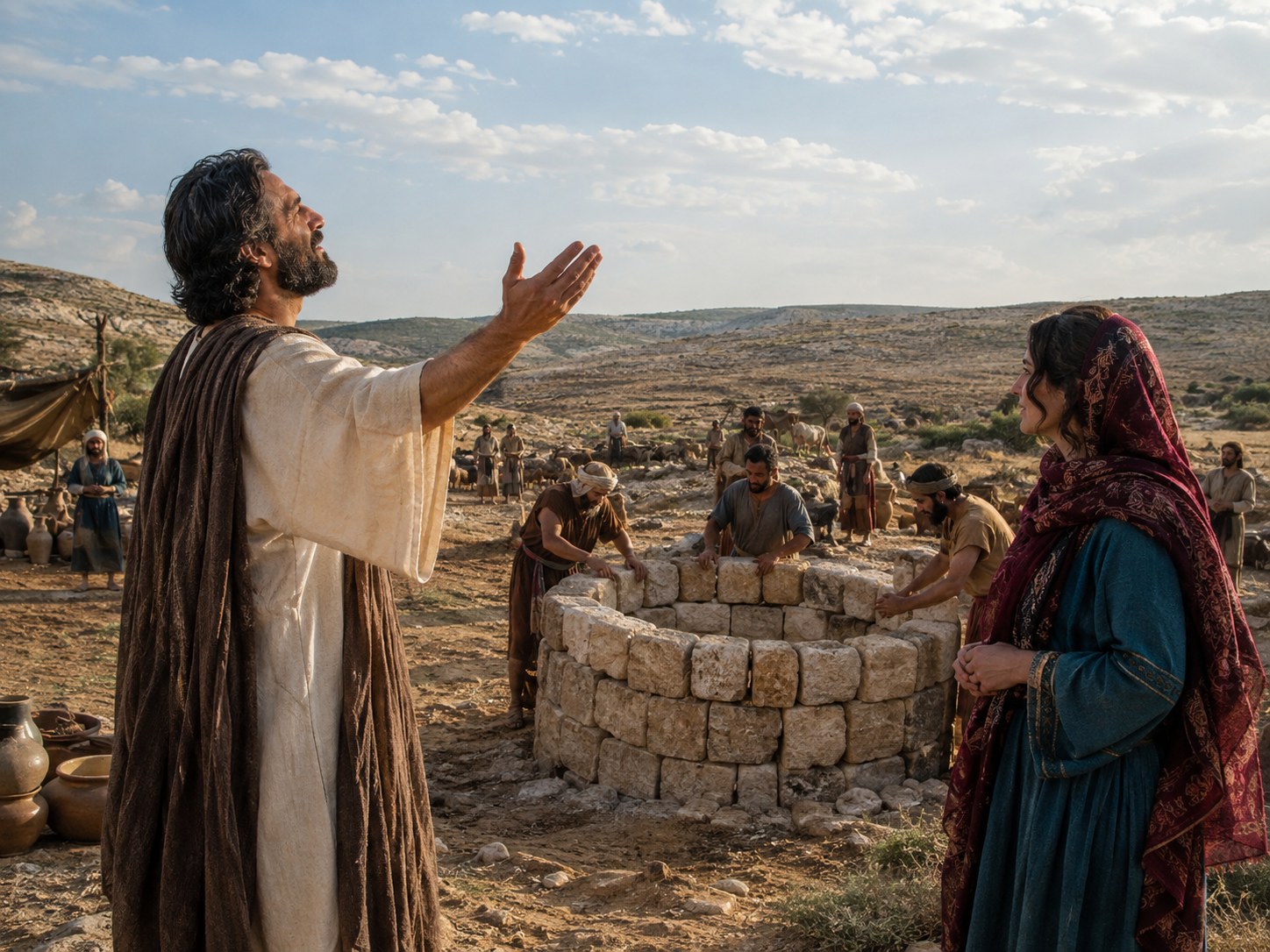 Homem de manto junto a um poço no deserto aberto, sem outras pessoas ao redor, olhando para o horizonte com expressão serena; areia clara ao fundo e céu límpido.