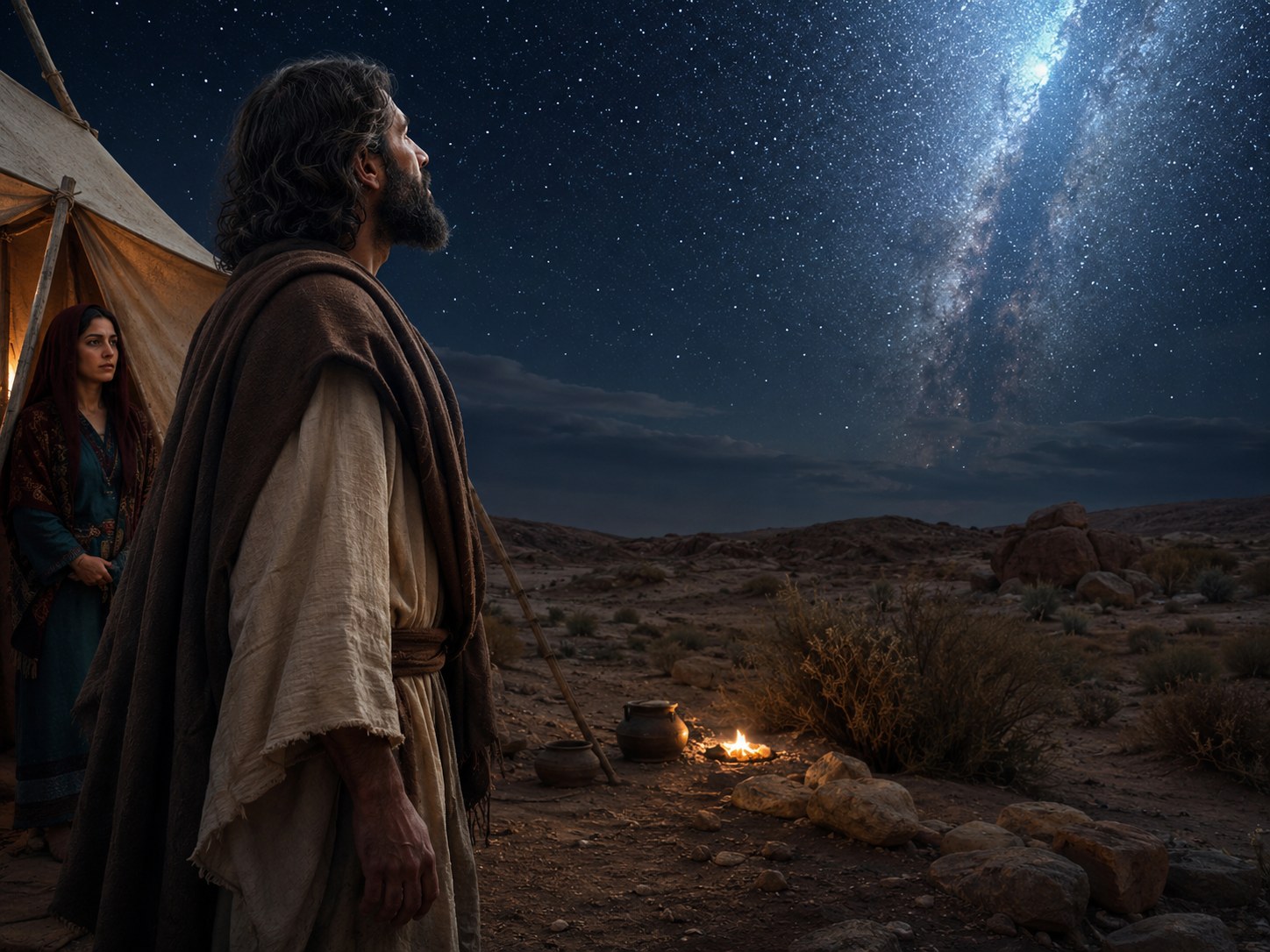 Homem sozinho no deserto à noite sob céu estrelado, deitado ou sentado junto a um fogo pequeno, luz suave ao redor — momento de quietude e presença antes de um encontro.