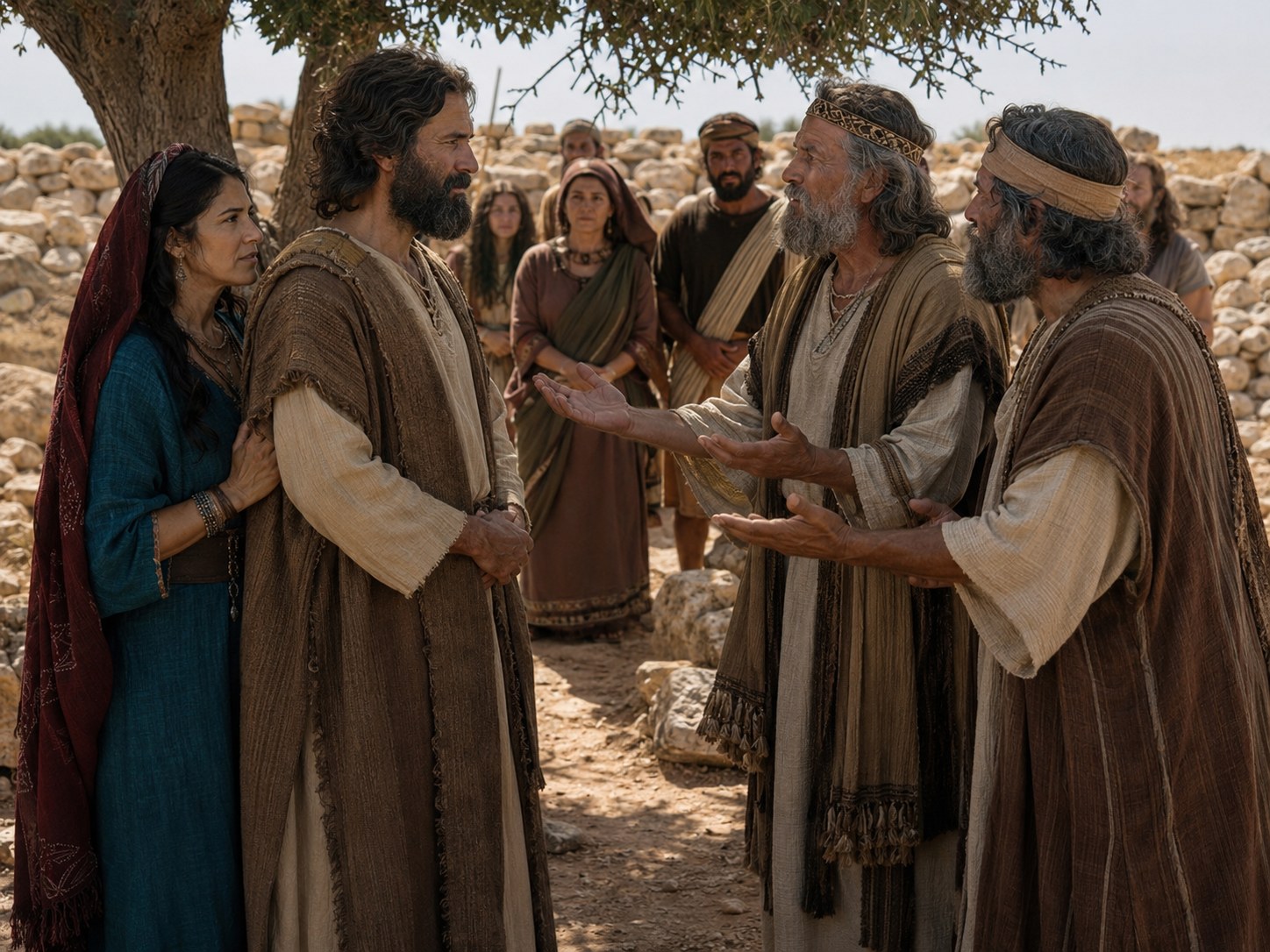 Rei de manto escuro de pé diante de um patriarca de barba branca, olhos erguidos, com gesto de palmas abertas indicando reconhecimento ou súplica — imagem de posição invertida de poder numa conversa no deserto antigo.