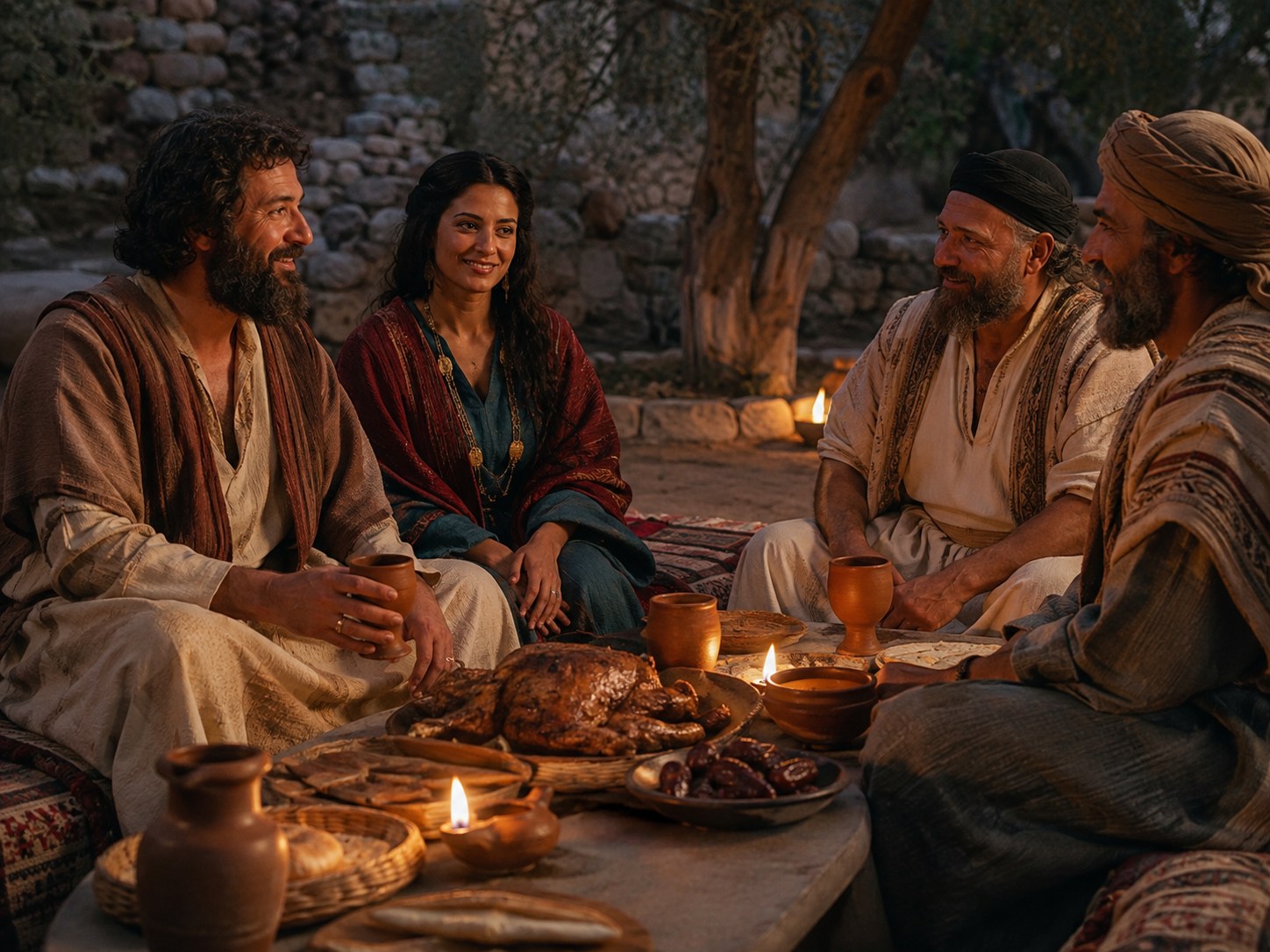 Mesa simples ao ar livre no deserto com pão, frutas e ânforas de barro, com figuras sentadas em volta em atitude de refeição compartilhada ao entardecer — imagem evocando banquete de aliança patriarcal.