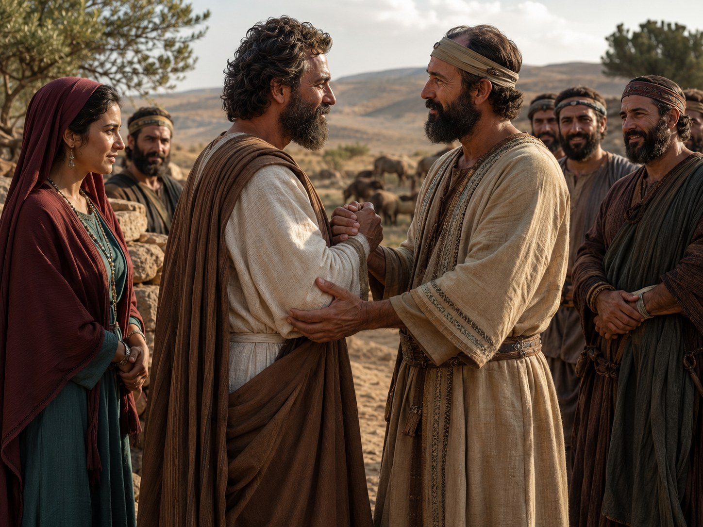 Dois homens de manto, um mais velho e um mais jovem, apertando as mãos ao amanhecer diante de tendas no deserto com luz dourada no horizonte e um grupo de servos aguardando ao fundo.