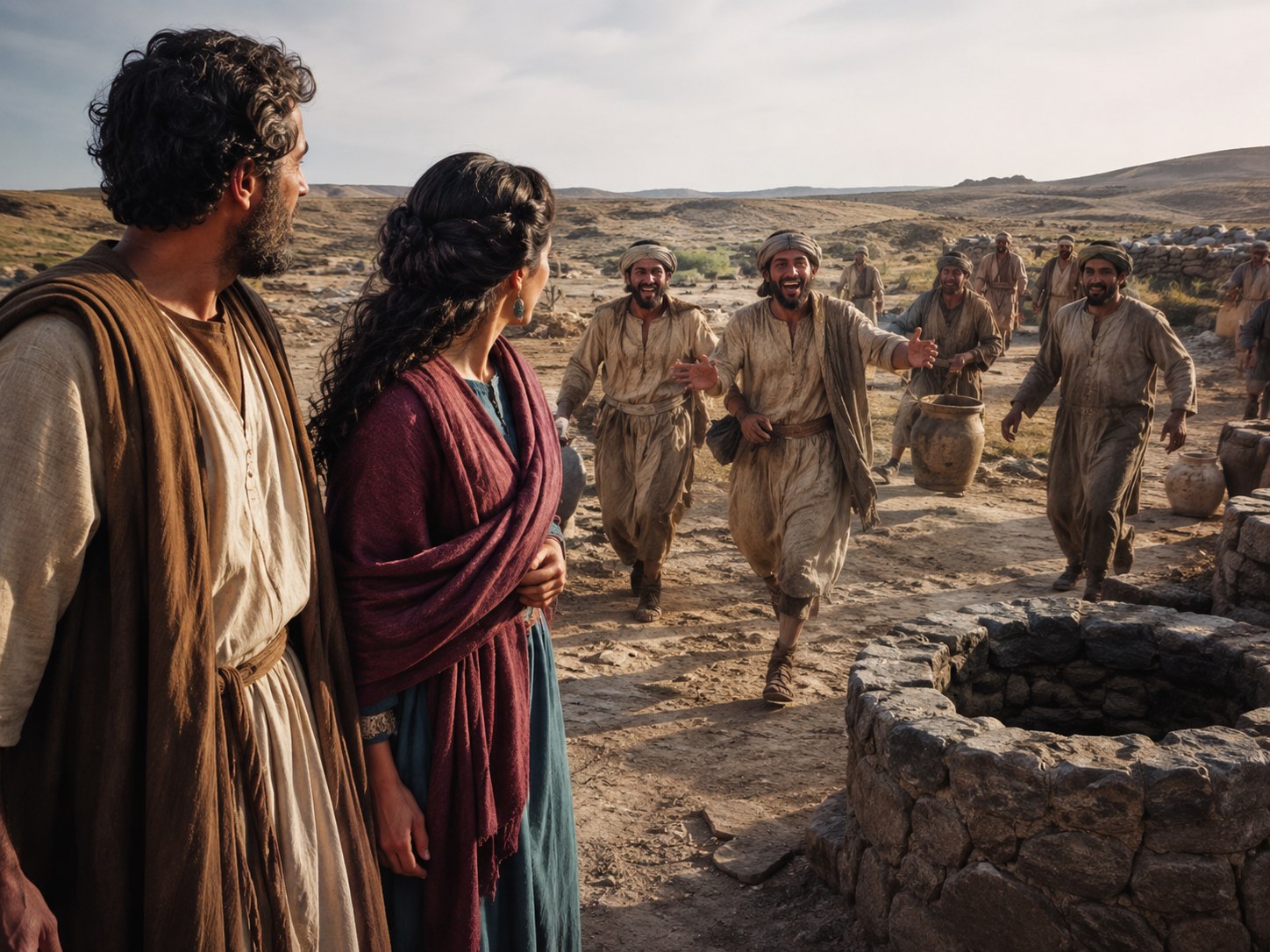 Grupo de trabalhadores ao redor de um poço aberto no deserto, com um deles gesticulando em direção a uma tenda ao fundo, sob luz de fim de tarde em paisagem árida com pedras calcárias.