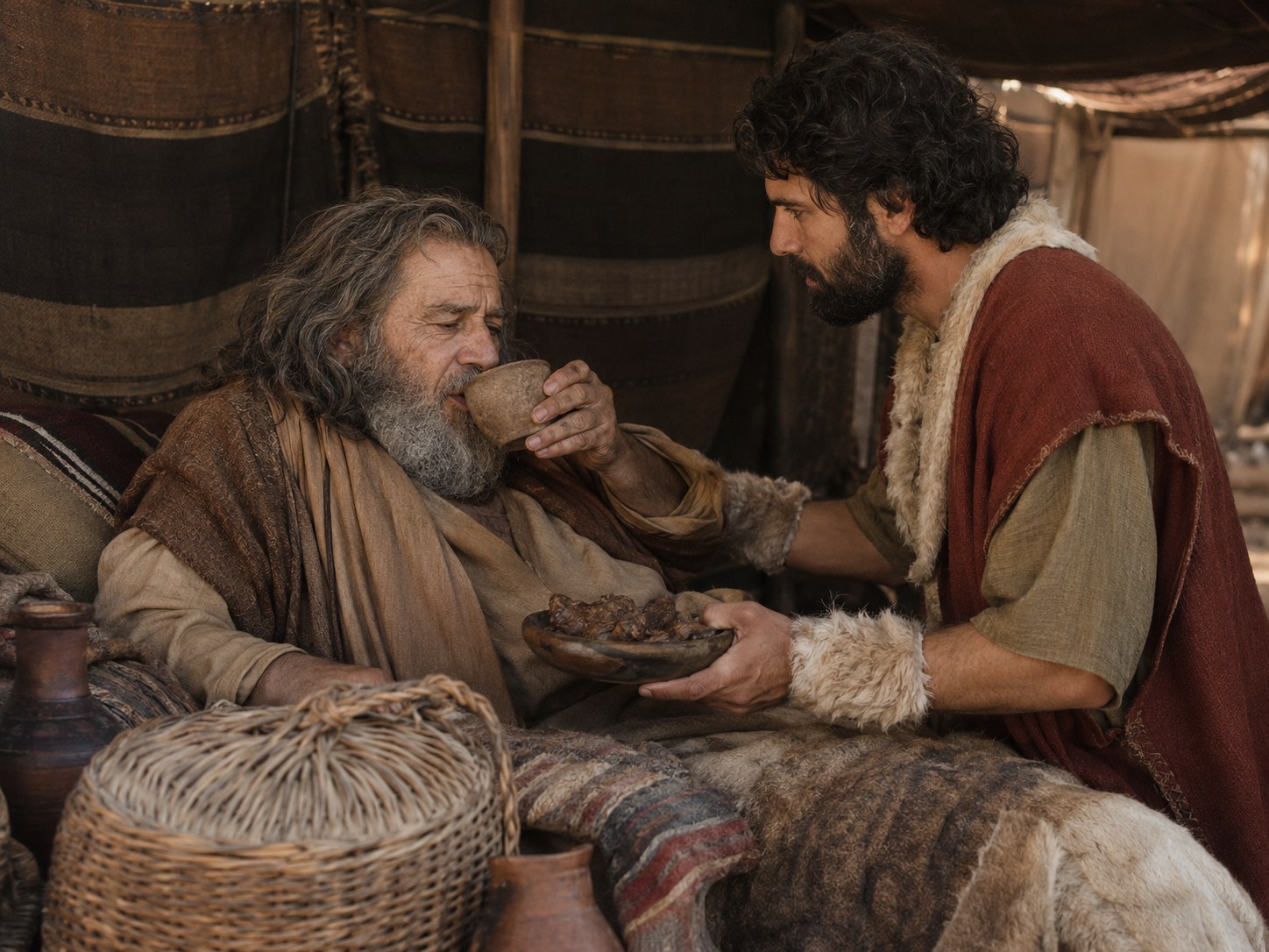 Ancião recostado comendo de uma travessa de barro enquanto um homem jovem, de pé ao lado, inclina um jarro para servir vinho numa taça.