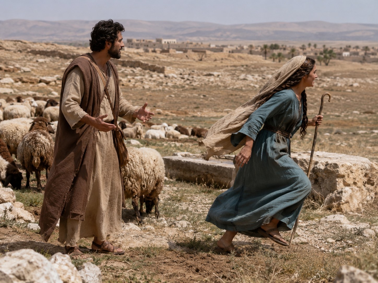 Jovem pastora correndo por um campo em direção a uma aldeia de casas de barro, deixando para trás um poço e um homem de vestes de viagem.