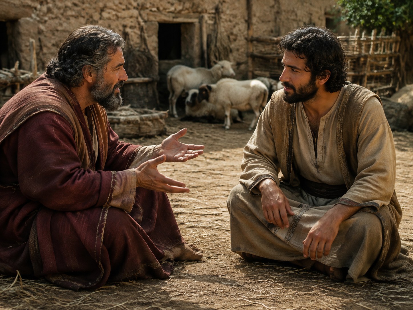 Dois homens de vestes longas conversando à entrada de uma casa de pedra, ao fim da tarde, com um rebanho de ovelhas ao fundo e um cajado apoiado na parede.