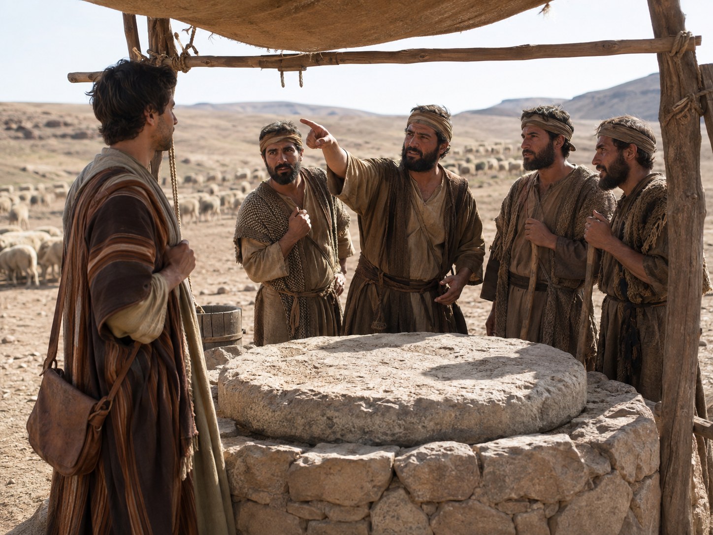 Pastores em pé junto a um poço tapado por uma pedra grande, com ovelhas deitadas ao redor, conversando com um homem de vestes de viagem sob o sol da tarde.