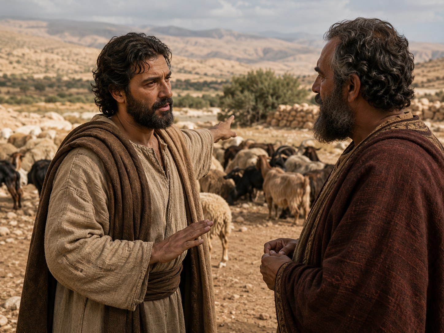 Dois homens de pé junto a um redil de pedra ao amanhecer, um deles com a palma da mão erguida em gesto de recusa, o rebanho de ovelhas e cabras atrás.