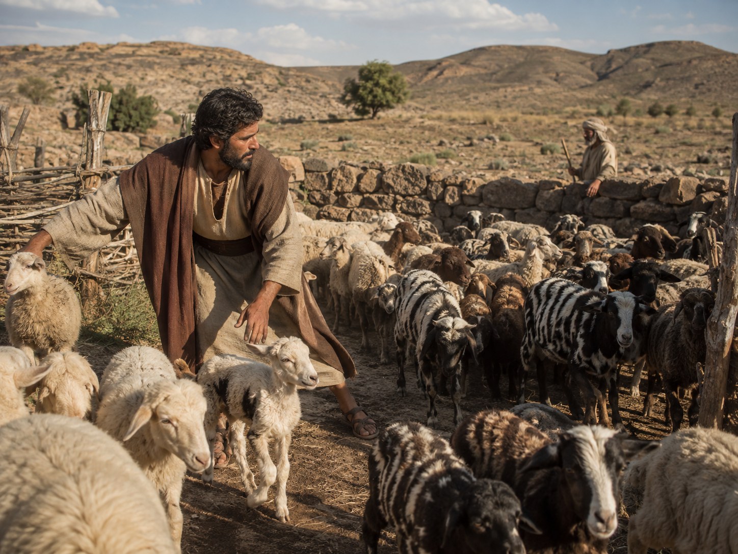 Um pastor conduzindo um grupo de ovelhas malhadas para um lado do campo, enquanto outro rebanho de animais brancos pasta separado, ao fundo.