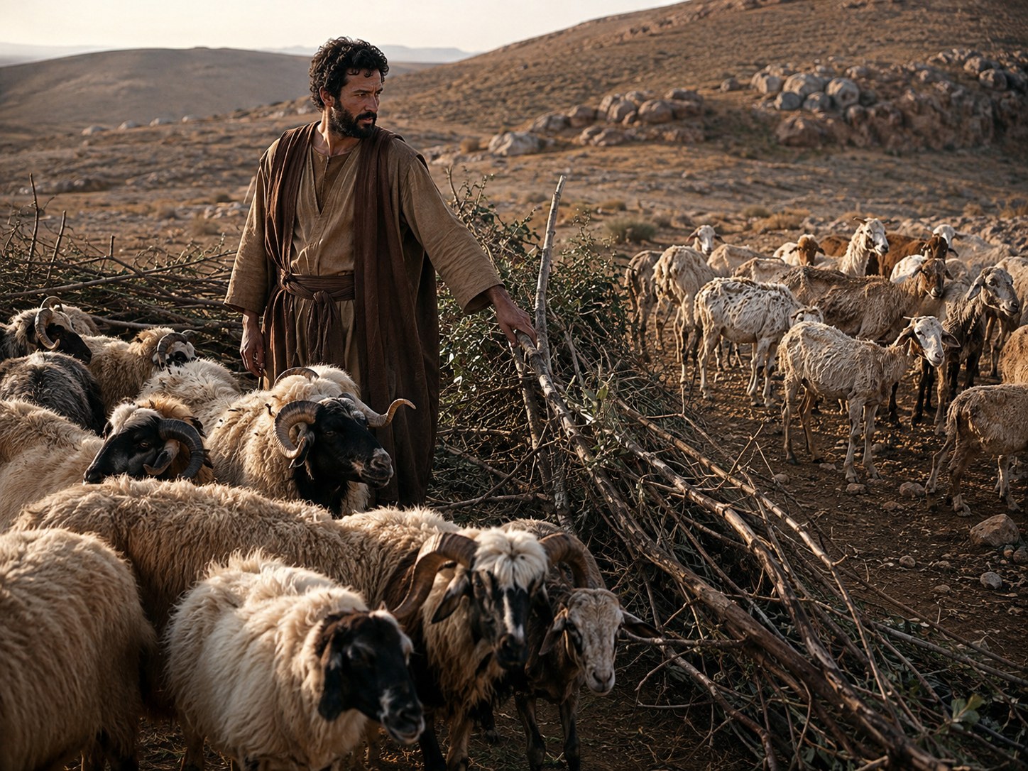 Ovelhas magras e cansadas junto a um bebedouro vazio, sem varas, enquanto ao longe um rebanho vigoroso pasta em campo verde.