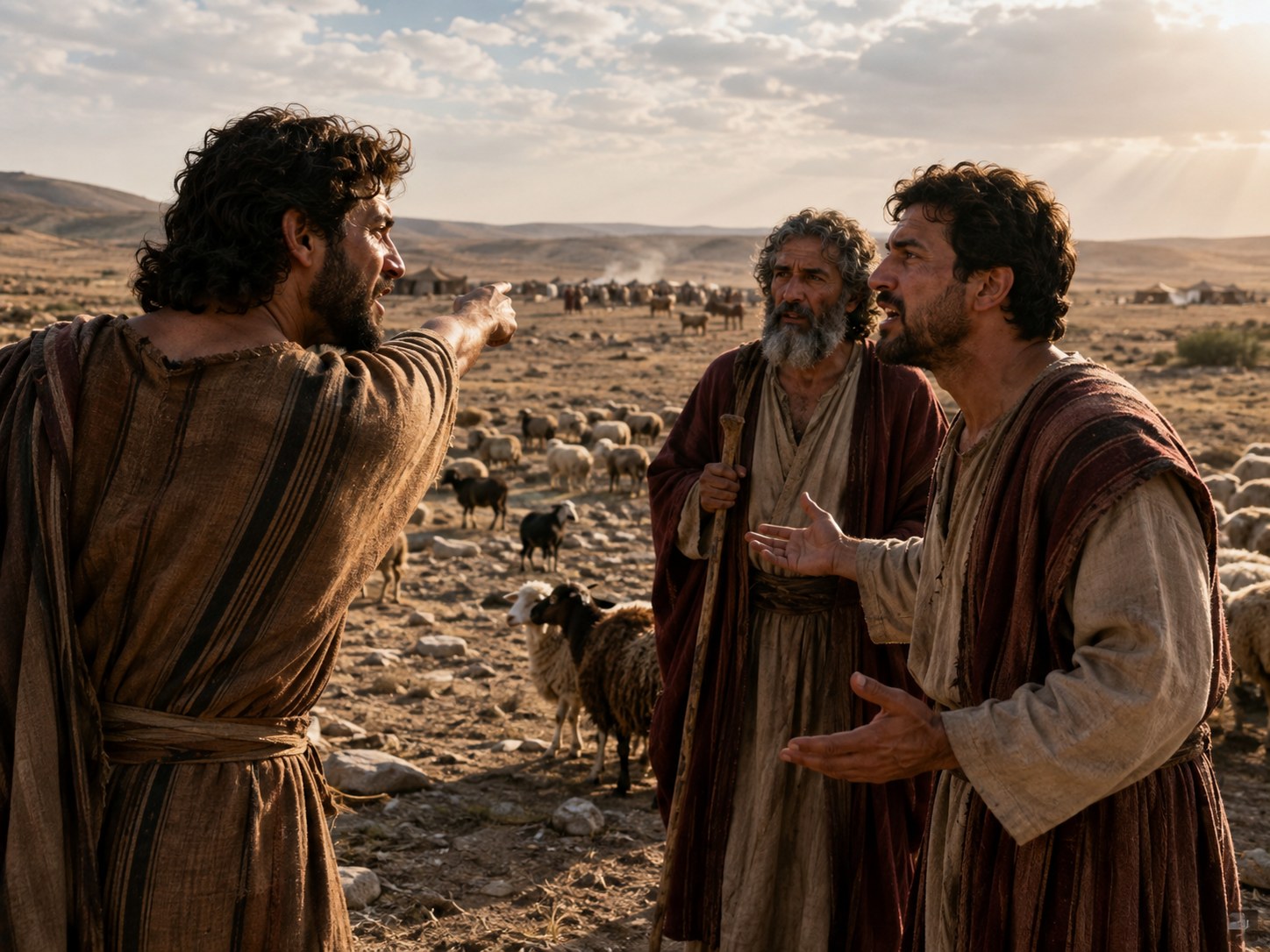 Homens de vestes antigas conversando à sombra de uma tenda, olhando ao longe para um grande rebanho de ovelhas e cabras que se espalha pela encosta.