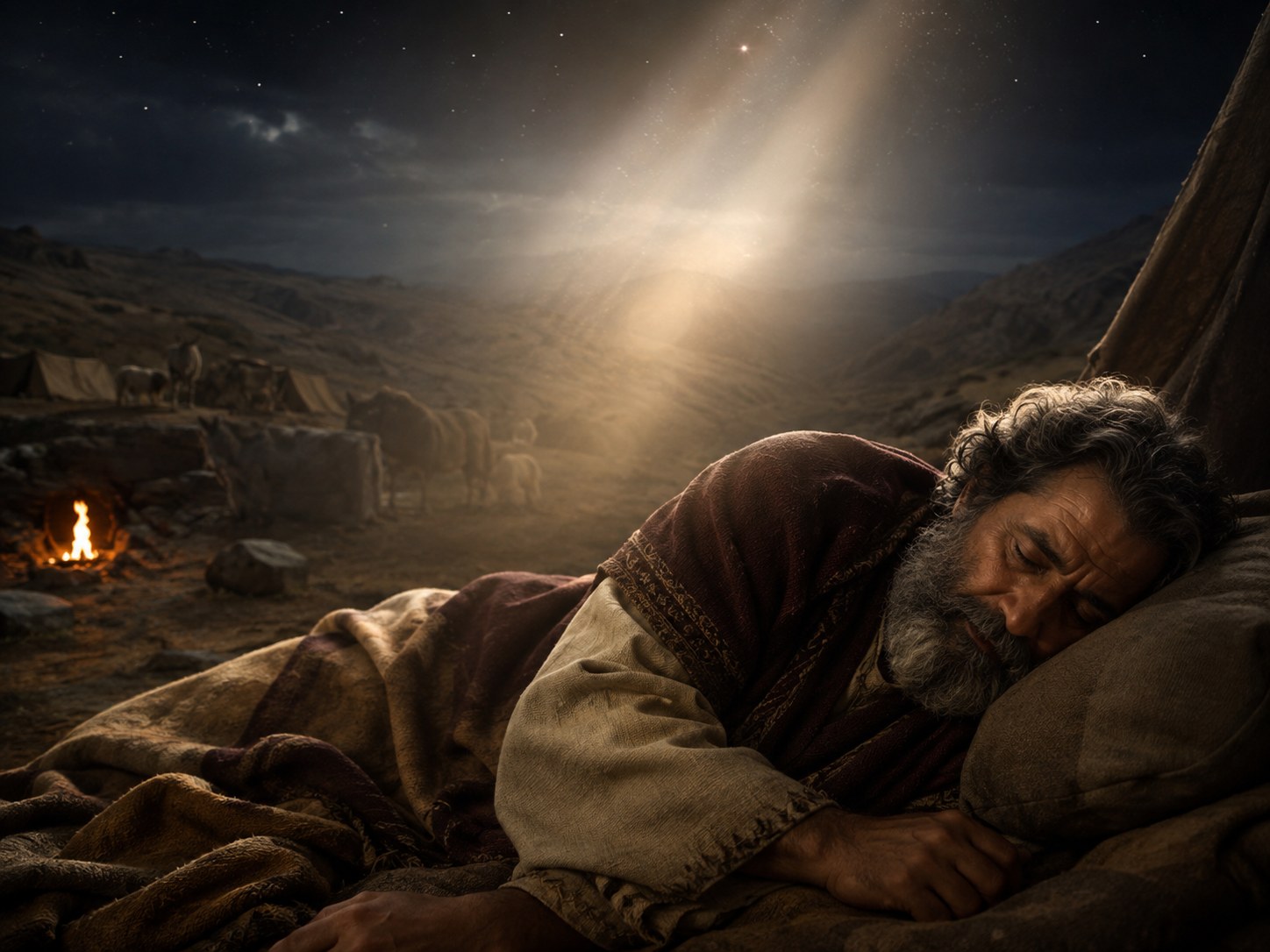 Homem idoso deitado numa tenda escura, o rosto voltado para cima e iluminado por uma luz difusa, com o acampamento adormecido ao redor sob céu estrelado.