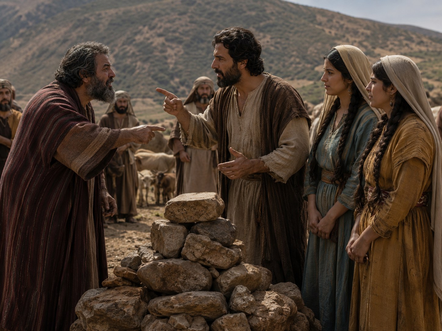 Dois homens idosos de vestes antigas diante de um monte de pedras numa encosta, cada um com a mão apoiada na pilha, voltados um para o outro sob luz de fim de tarde.