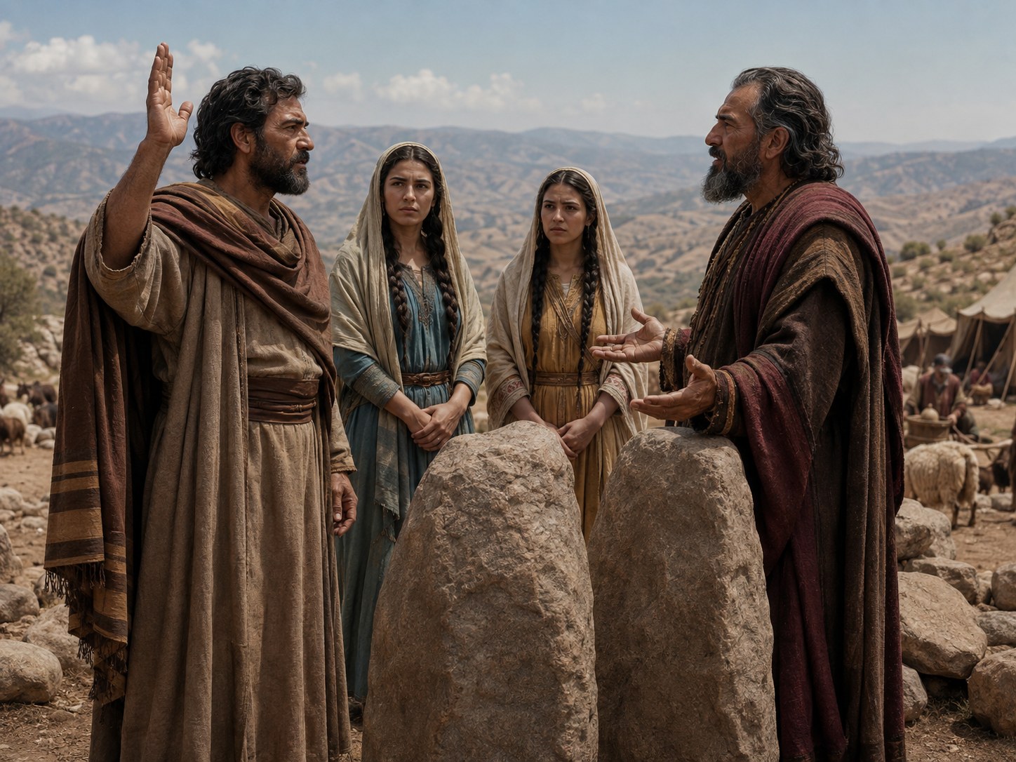 Dois homens de vestes antigas frente a frente diante de um monte de pedras, um com o braço erguido e o outro com a mão sobre o peito, ao anoitecer.