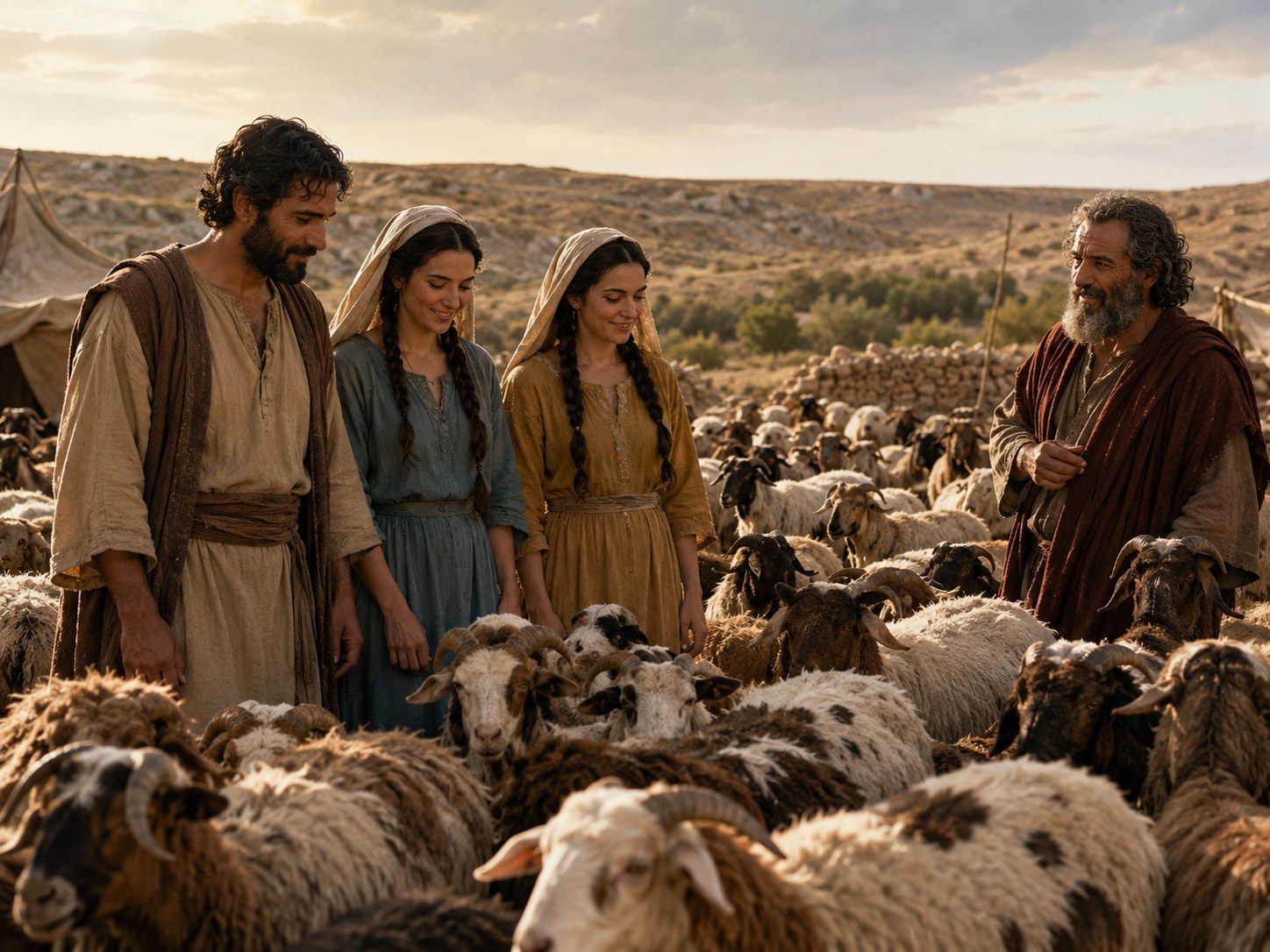 Rebanho de ovelhas e cabras num pasto seco ao entardecer, com um pastor de vestes simples em pé à distância, apoiado num cajado.