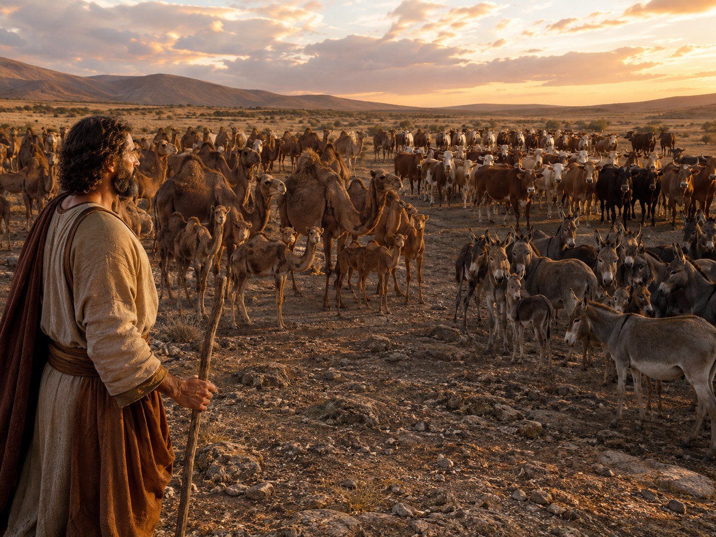 Fila de camelas com filhotes ao lado, conduzidas por servos numa trilha de terra, com gado bovino e jumentos carregados mais atrás.