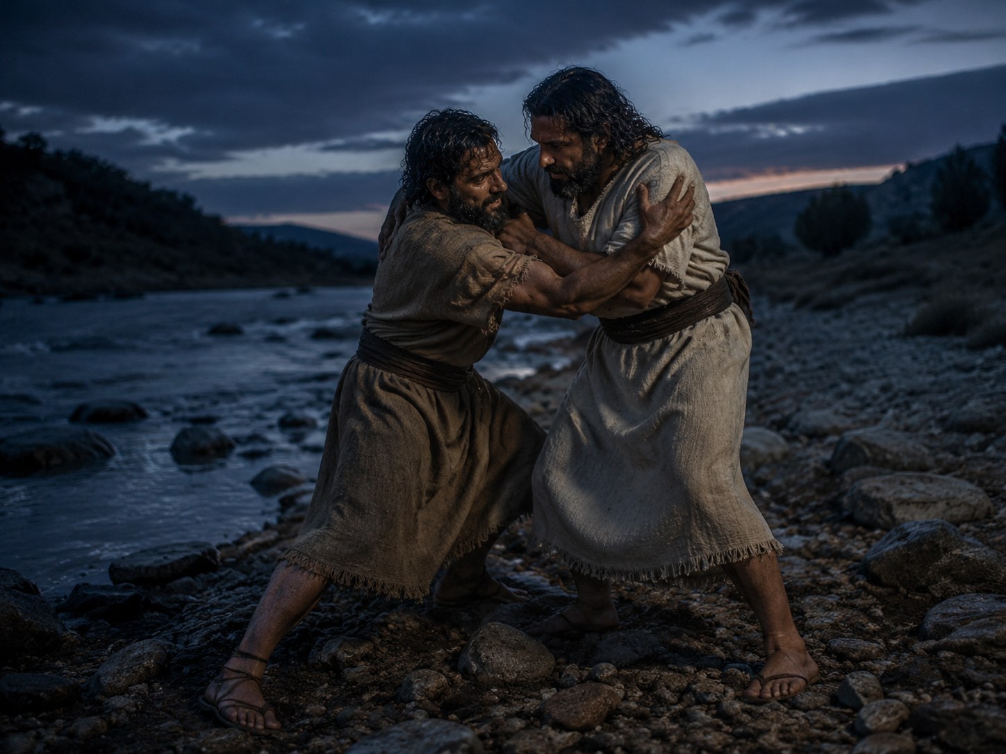 Dois homens agarrados em luta corporal na margem escura de um rio, ao amanhecer, com a primeira claridade surgindo entre as encostas do vale.