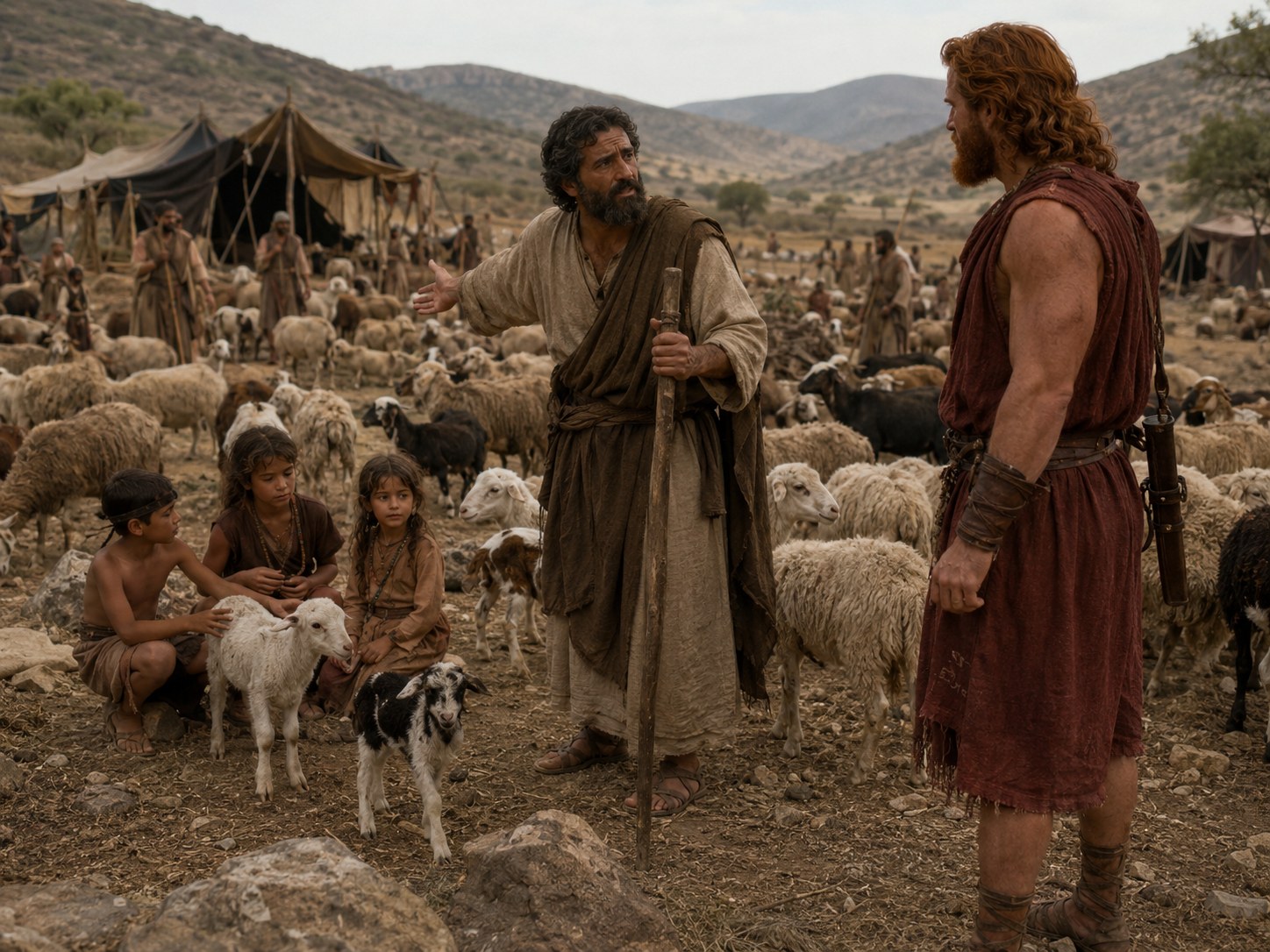 Rebanho de ovelhas e cabras parado à sombra numa encosta pedregosa, com cordeiros recém-nascidos junto às mães e um pastor de pé, observando, enquanto crianças descansam à sombra de uma tenda.