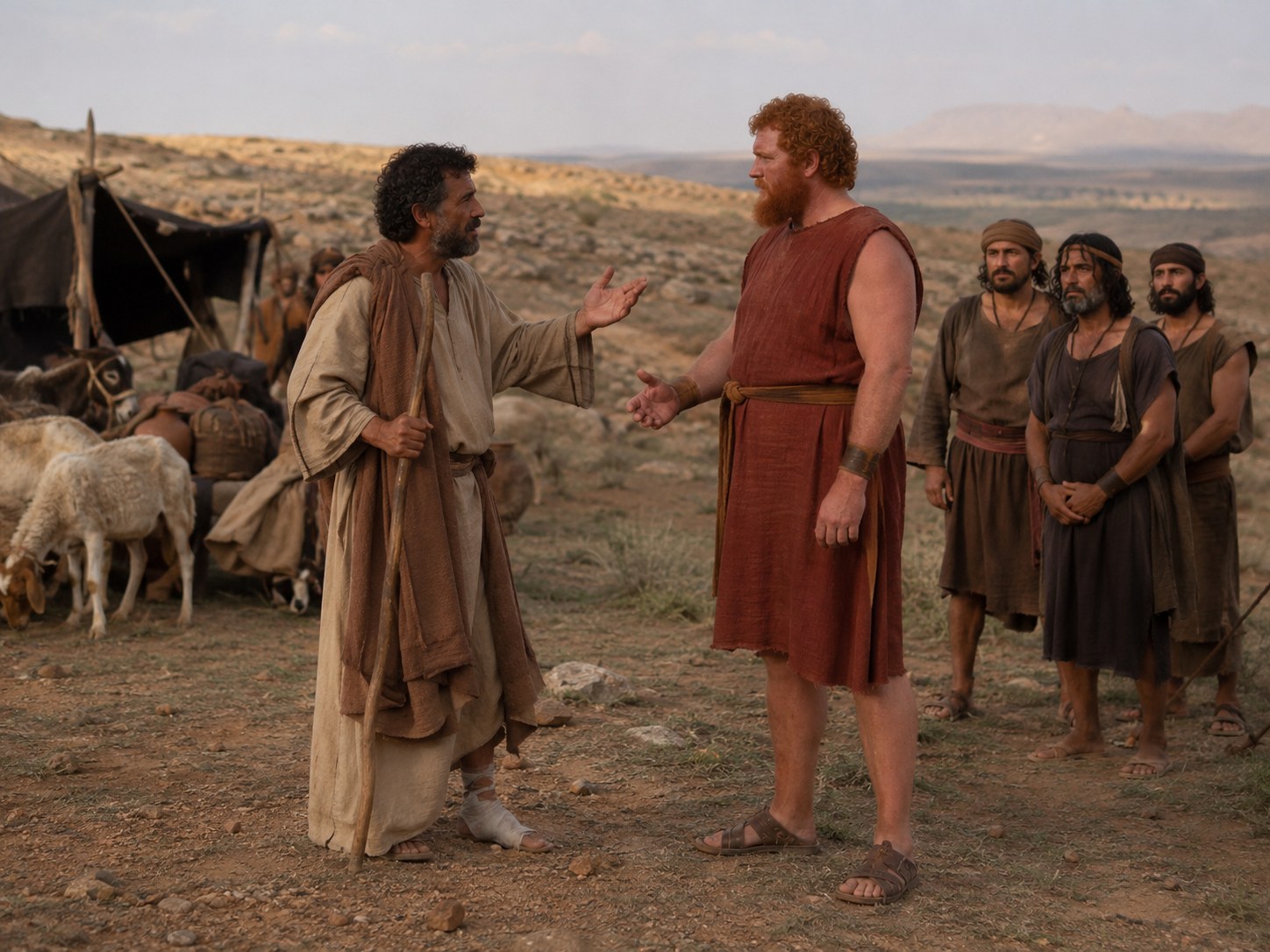 Um grupo de homens armados a alguma distância, sob o sol, enquanto dois homens conversam de pé junto a uma caravana com tendas e rebanhos ao fundo.