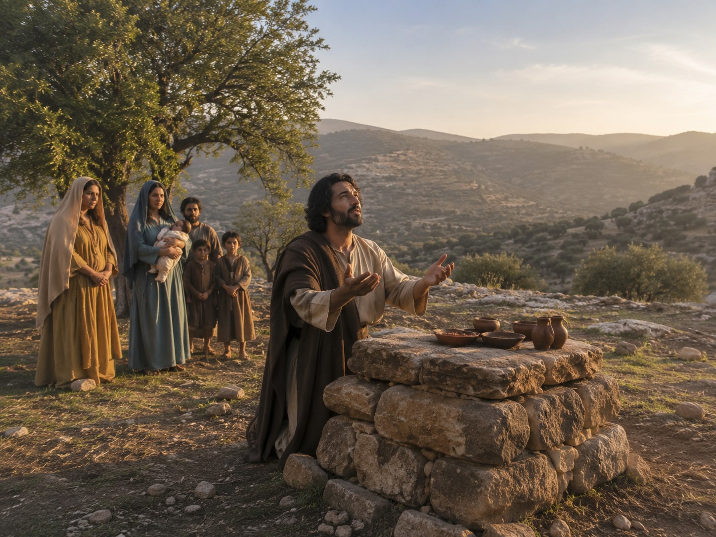 Altar de pedras não lavradas empilhadas num campo aberto, ao entardecer, com uma tenda ao lado e a silhueta de montes ao fundo.