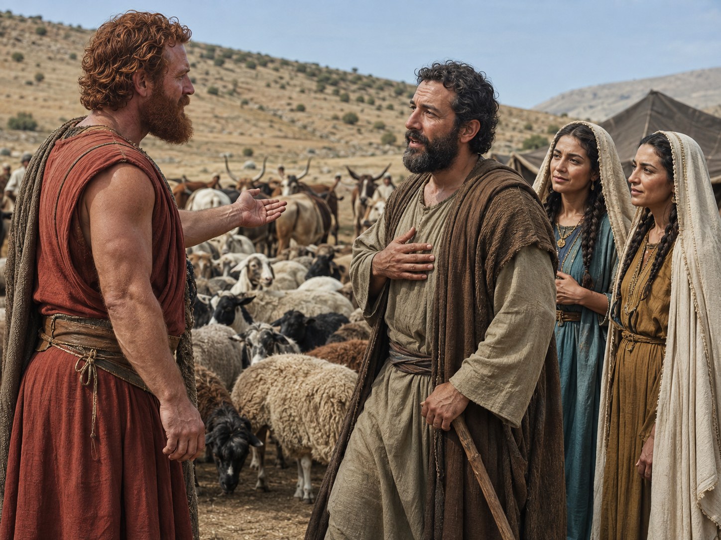 Dois homens de vestes antigas conversando de pé em campo aberto, com rebanhos de cabras e ovelhas visíveis ao longe, atrás deles.