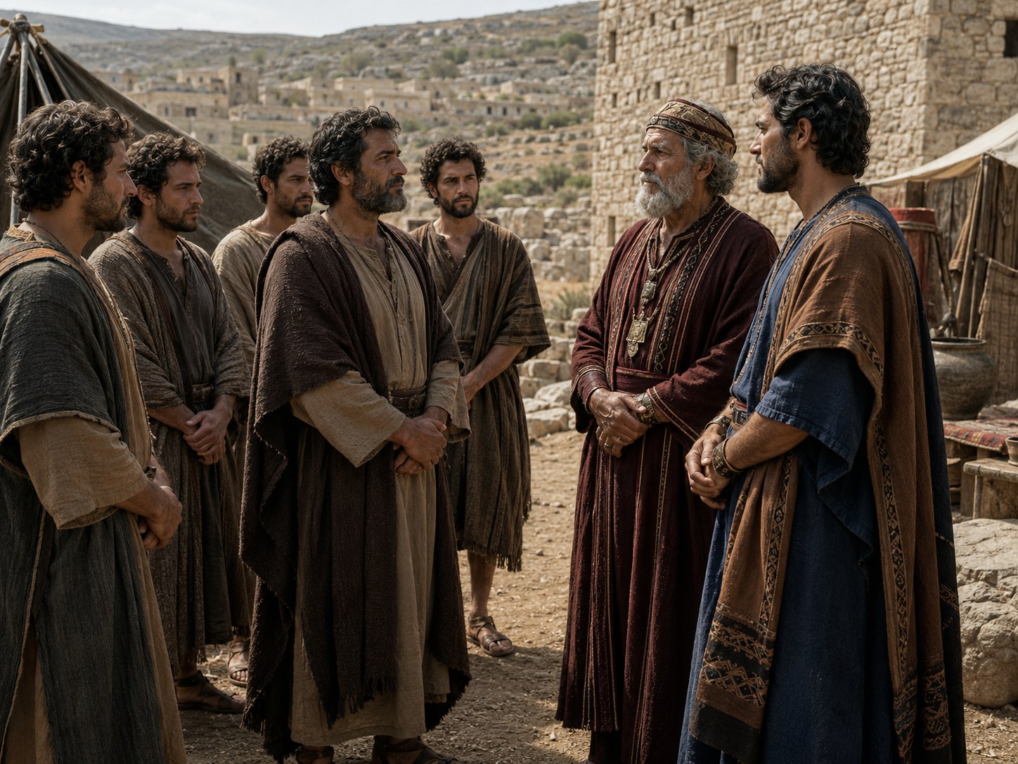 Dois grupos de homens de vestes antigas conversando ao ar livre junto a tendas e rebanhos, um deles gesticulando em sinal de acordo.