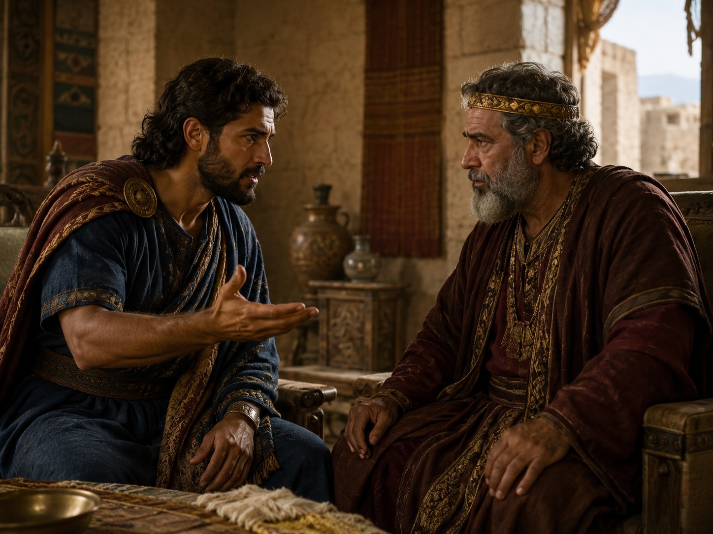 Dois homens de vestes longas conversando à entrada de uma casa de pedra, um mais velho sentado e outro em pé diante dele.