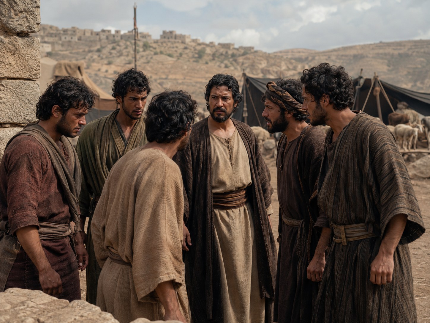 Grupo de homens com cajados de pastor chegando de um campo aberto ao acampamento de tendas, ao entardecer.