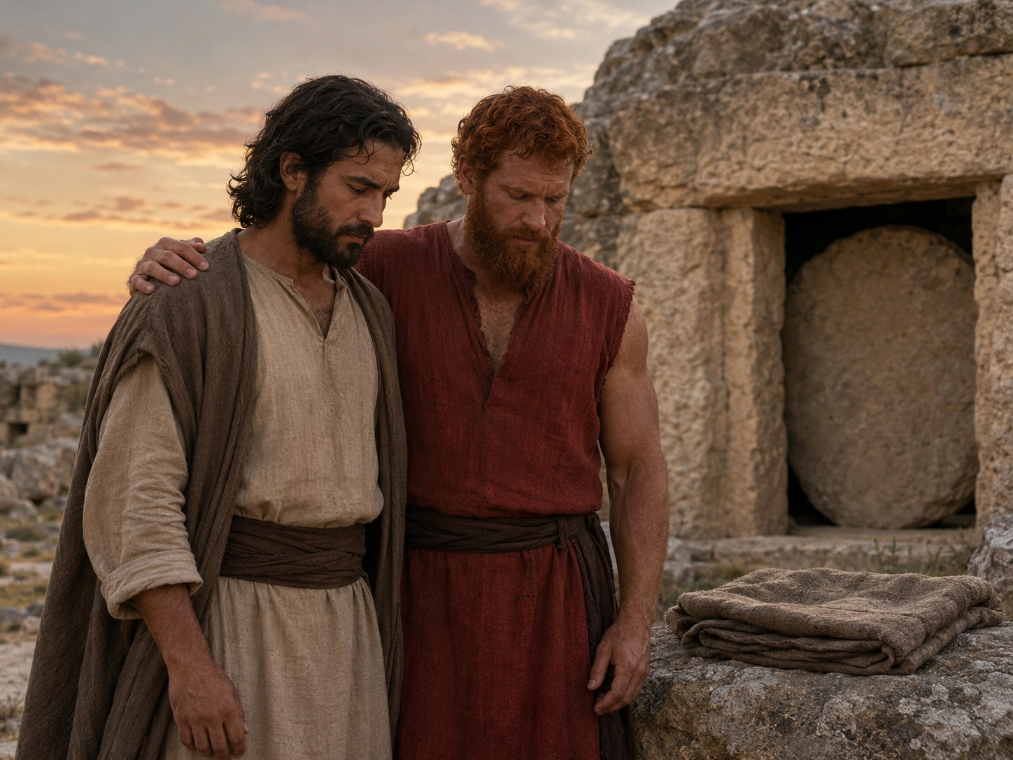 Dois homens de meia-idade lado a lado diante da entrada escura de uma caverna sepulcral, ao fim da tarde, sem se olharem.