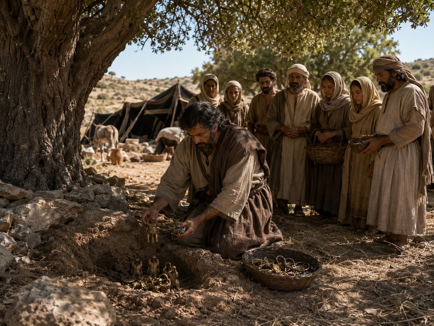 Mãos estendendo pequenas figuras de barro e anéis de ouro a um homem idoso, junto ao tronco largo de uma grande árvore, com terra recém-revolvida ao pé dela.