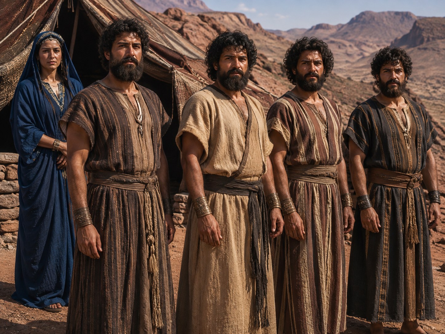 Quatro homens de vestes longas em pé sobre um terraço rochoso, com rebanhos de cabras e vales secos ao fundo, sob luz de fim de tarde.