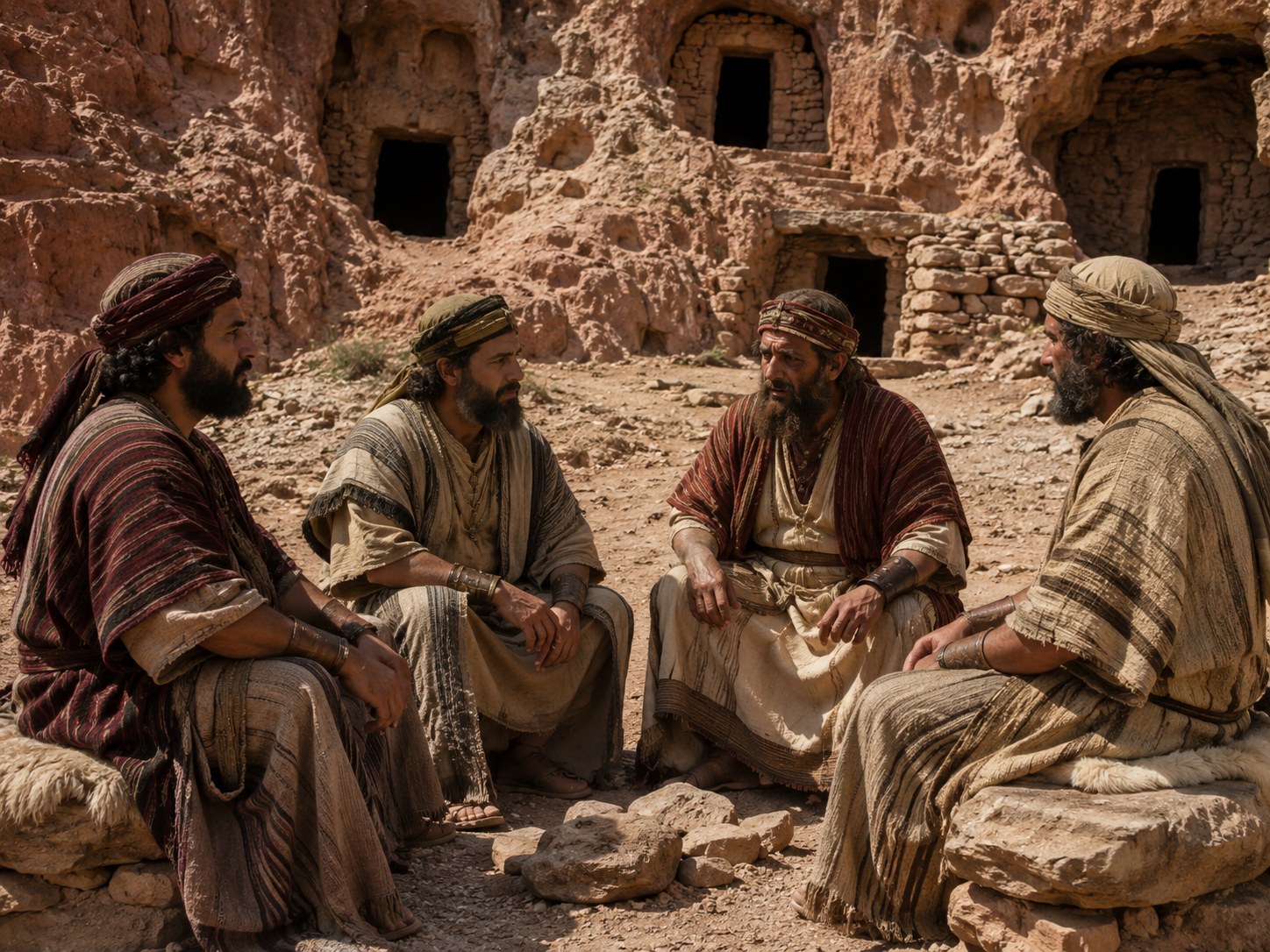Quatro homens de idade avançada sentados em círculo sobre pedras planas, ao ar livre, com bastões de pastor apoiados e montanhas ao fundo.