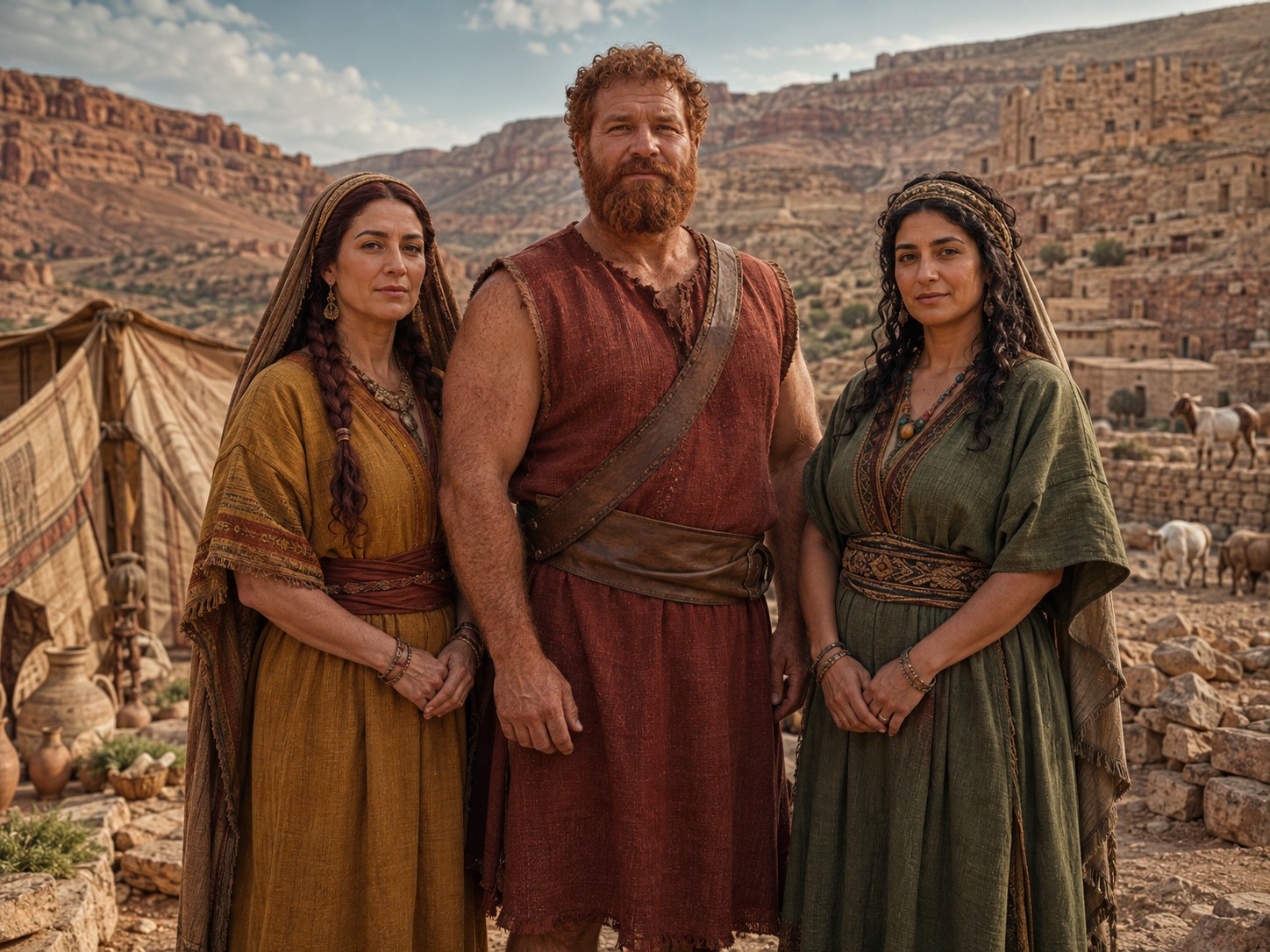 Três mulheres de vestes longas e véus, em pé diante de tendas de pele, num acampamento de pastores ao entardecer.