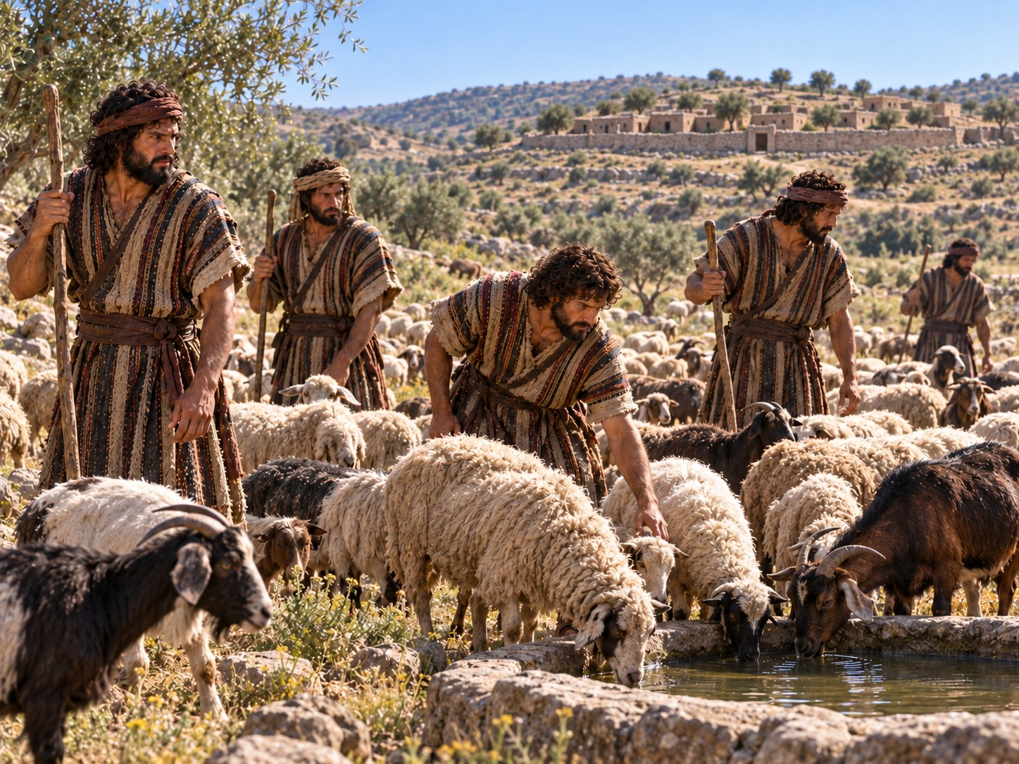 Fila de homens conduzindo um rebanho de ovelhas e cabras por uma trilha de colinas secas ao amanhecer, afastando-se de um acampamento de tendas ao fundo.