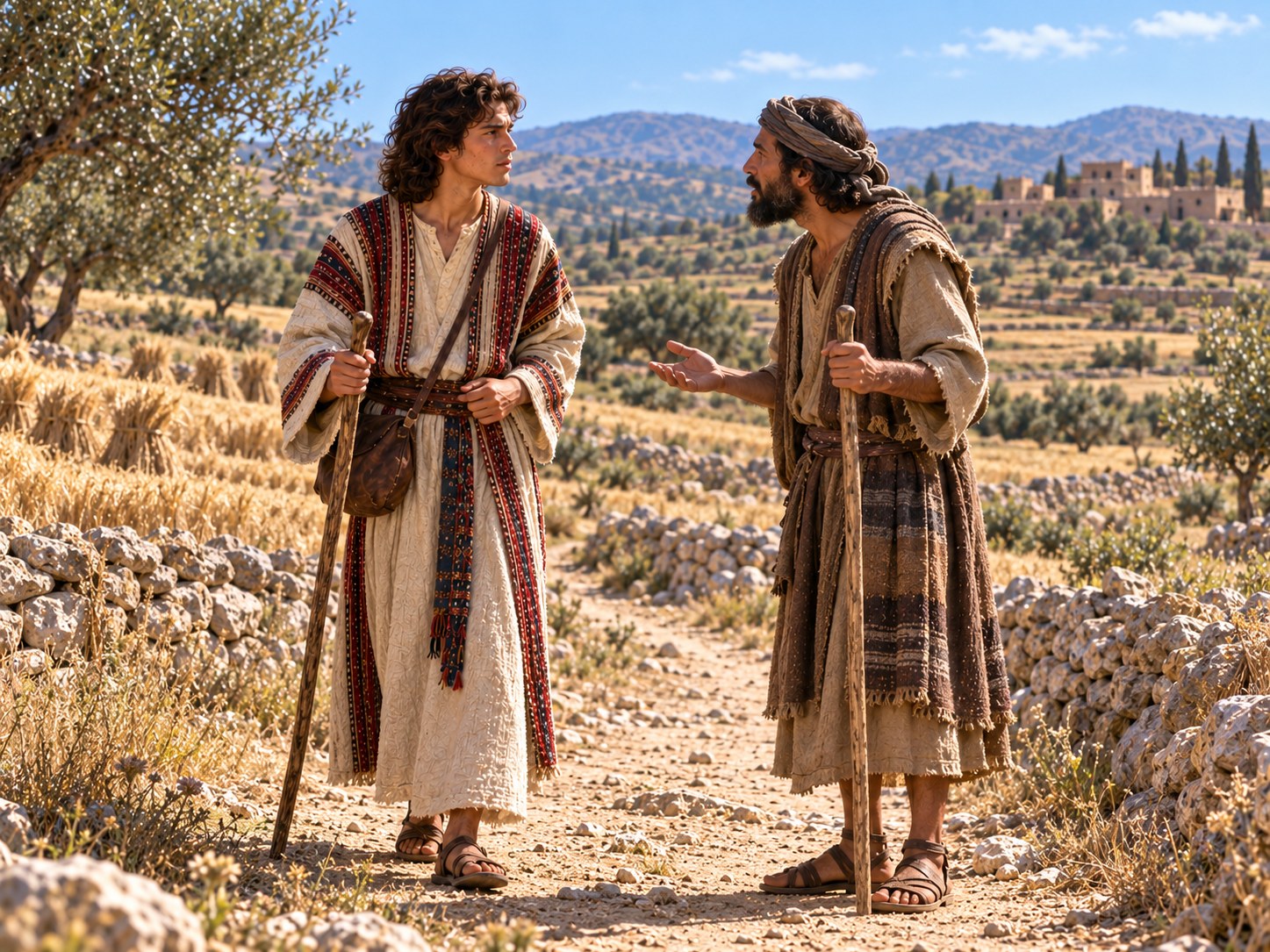 Rapaz de vestes claras parado em campo aberto ao lado de um homem de túnica simples que aponta para o horizonte, entre oliveiras e terraços de pedra.