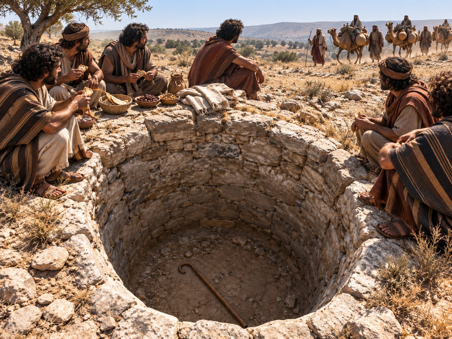 Caravana de camelos carregados de fardos atravessando uma planície ao entardecer, com homens sentados em círculo comendo em primeiro plano e a boca escura de uma cisterna ao lado.