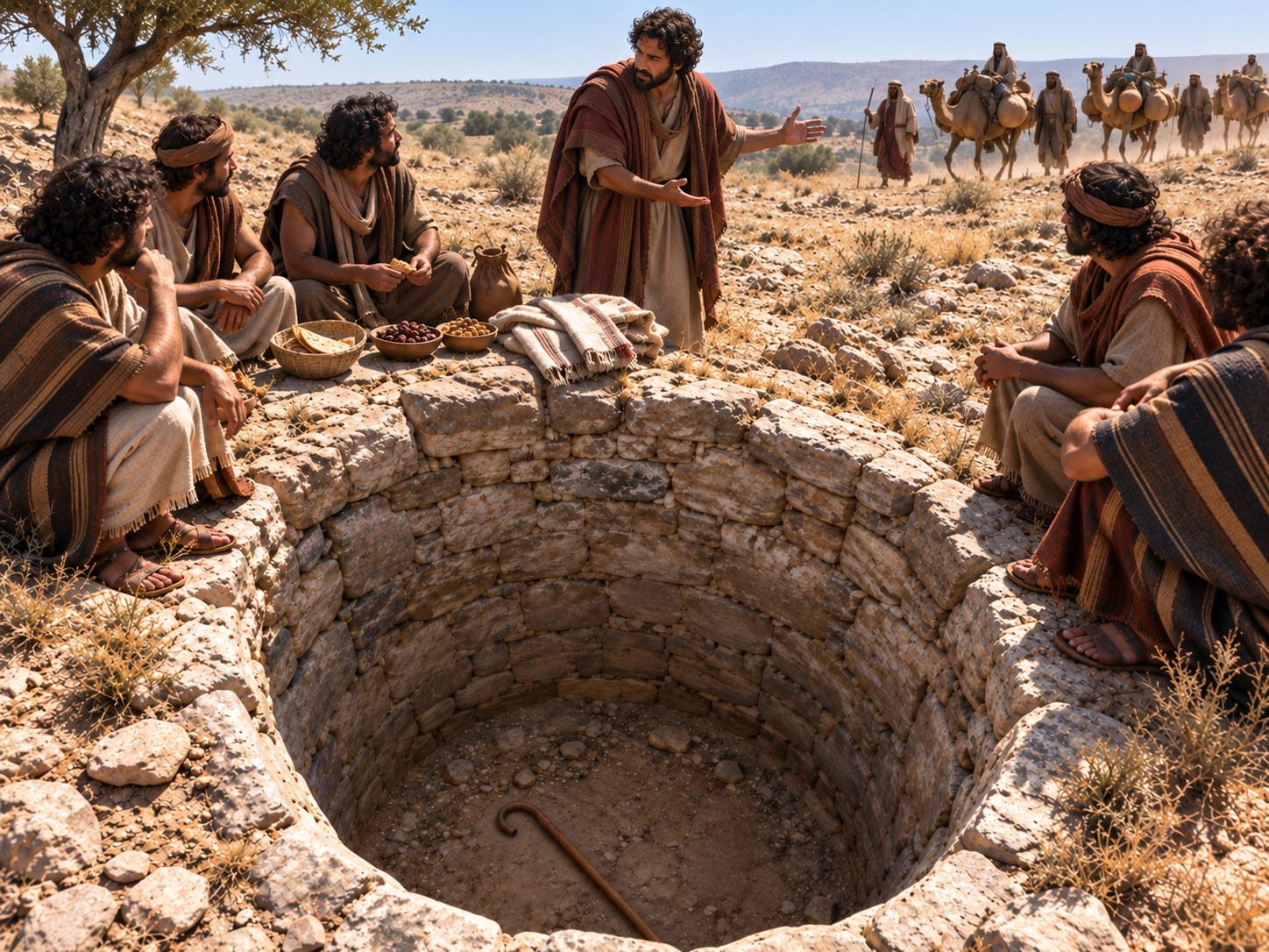 Homem de barba falando a um grupo de pastores reunidos em círculo ao lado de uma cisterna de pedra, com gestos de quem apresenta uma proposta.