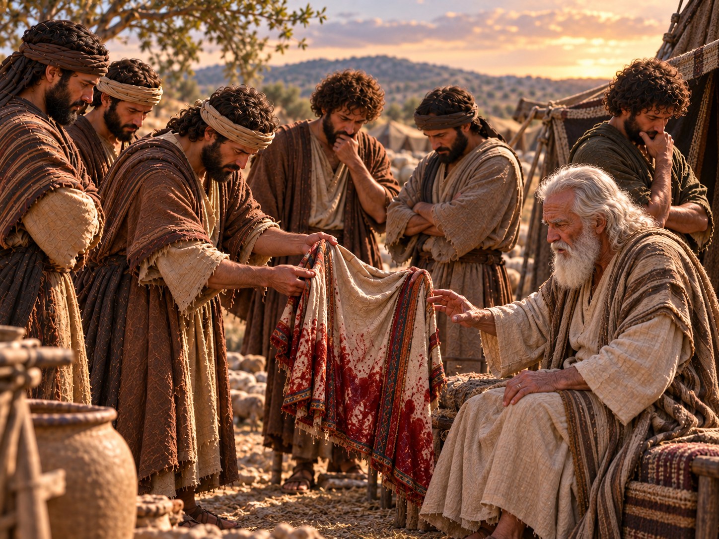 Mãos estendendo uma túnica manchada de sangue diante de um homem idoso sentado à entrada de uma tenda, ao entardecer.