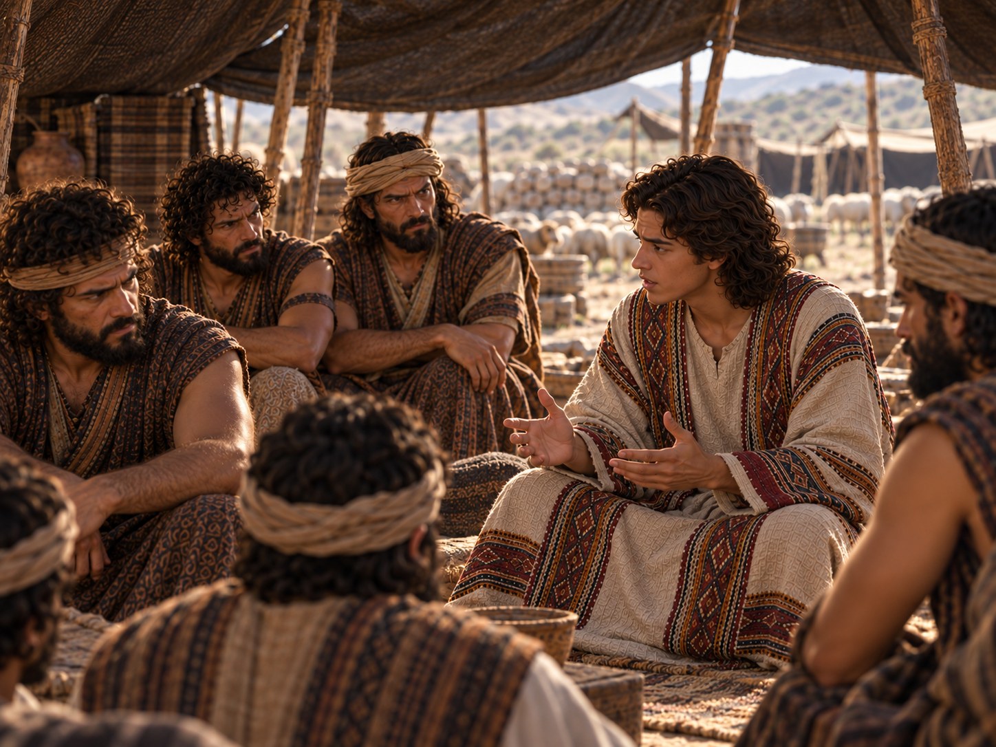 Rapaz de pé com as mãos abertas, falando a um grupo de homens sentados em torno de um cercado de pedras com ovelhas, ao fim da tarde.