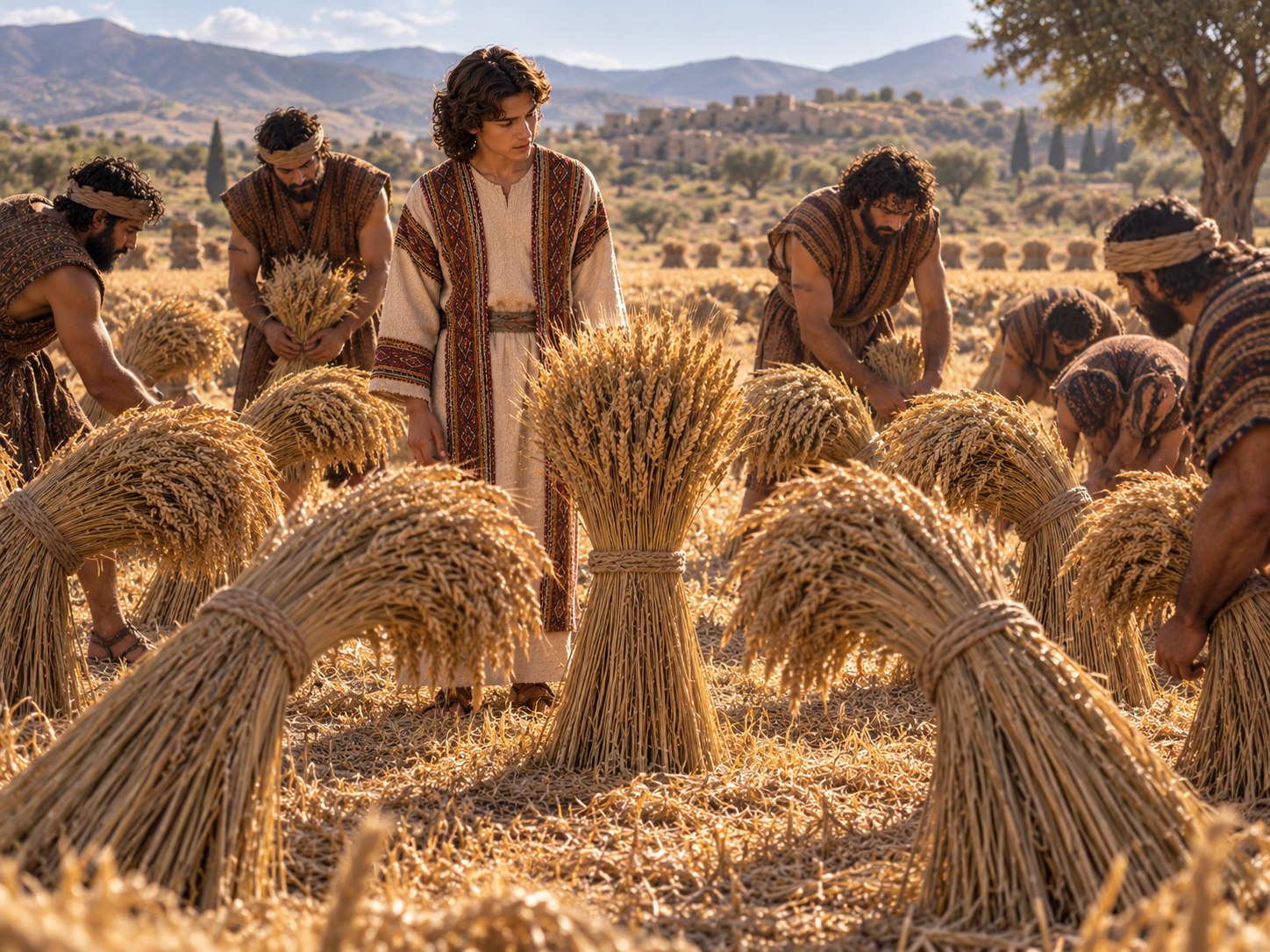 Campo de trigo ceifado ao meio-dia, com molhos de hastes amarrados espalhados pelo chão e um deles em pé, mais alto, no centro da imagem.