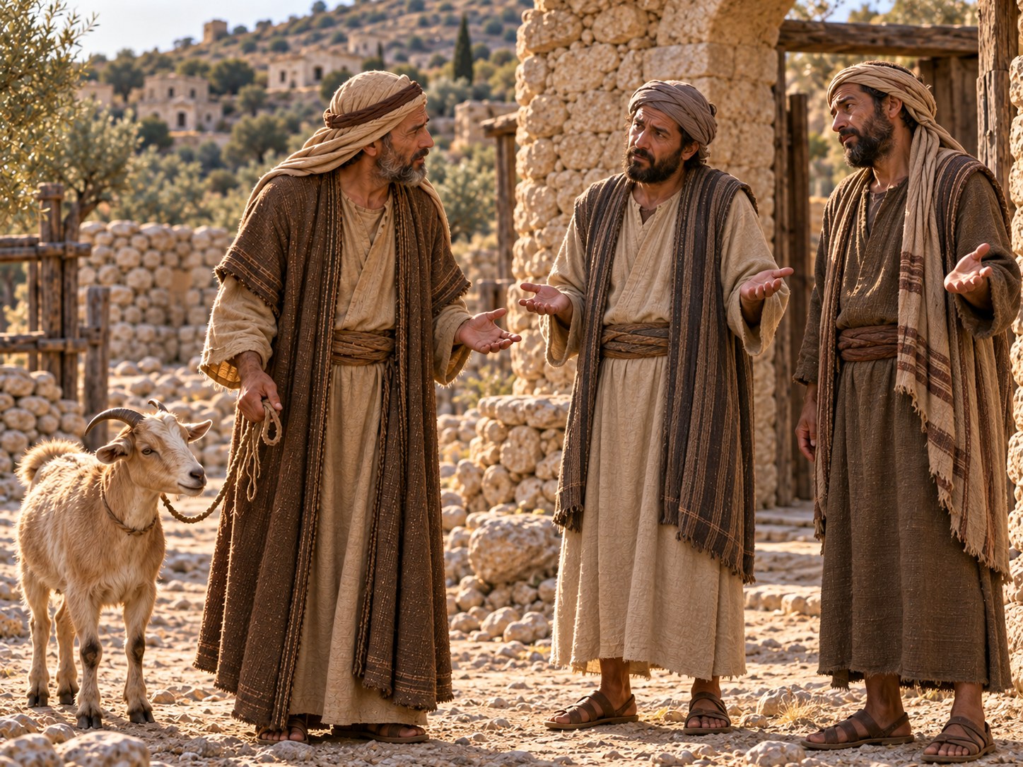Homem forasteiro conversando com moradores reunidos à entrada de um povoado de pedra, sob o sol alto, à margem de uma estrada.