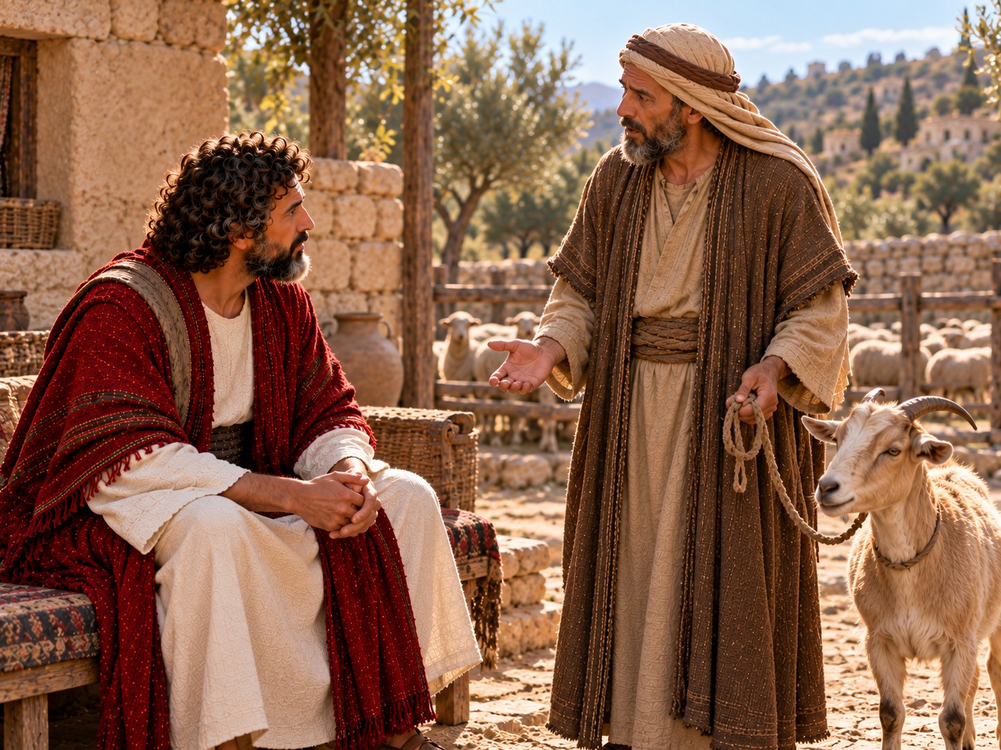 Dois homens conversando em pé junto a fardos de lã, um deles de mãos vazias, sob um telheiro de tosquia ao fim do dia.