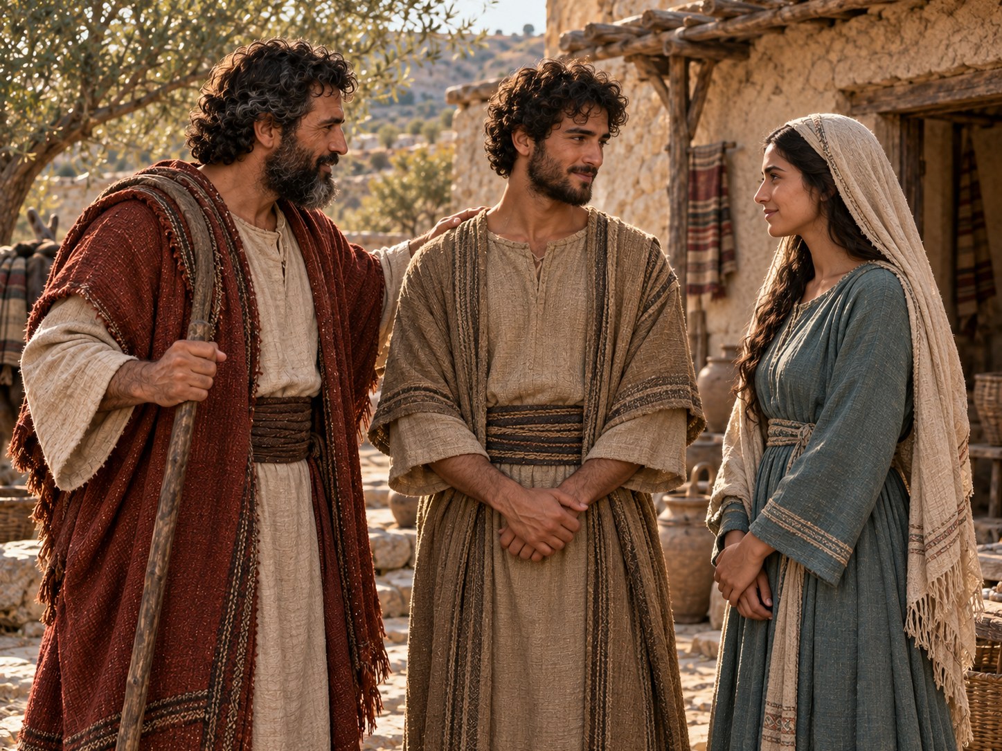 Jovem mulher de vestes simples parada à entrada de um pátio de terra batida, diante de um homem mais velho, sem bagagem nem acompanhantes.