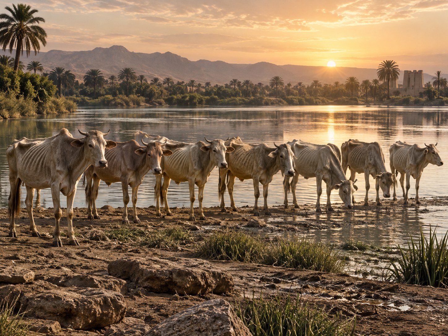 Sete vacas esqueléticas e definhadas subindo da margem do Nilo diante das vacas gordas, no sonho de Faraó