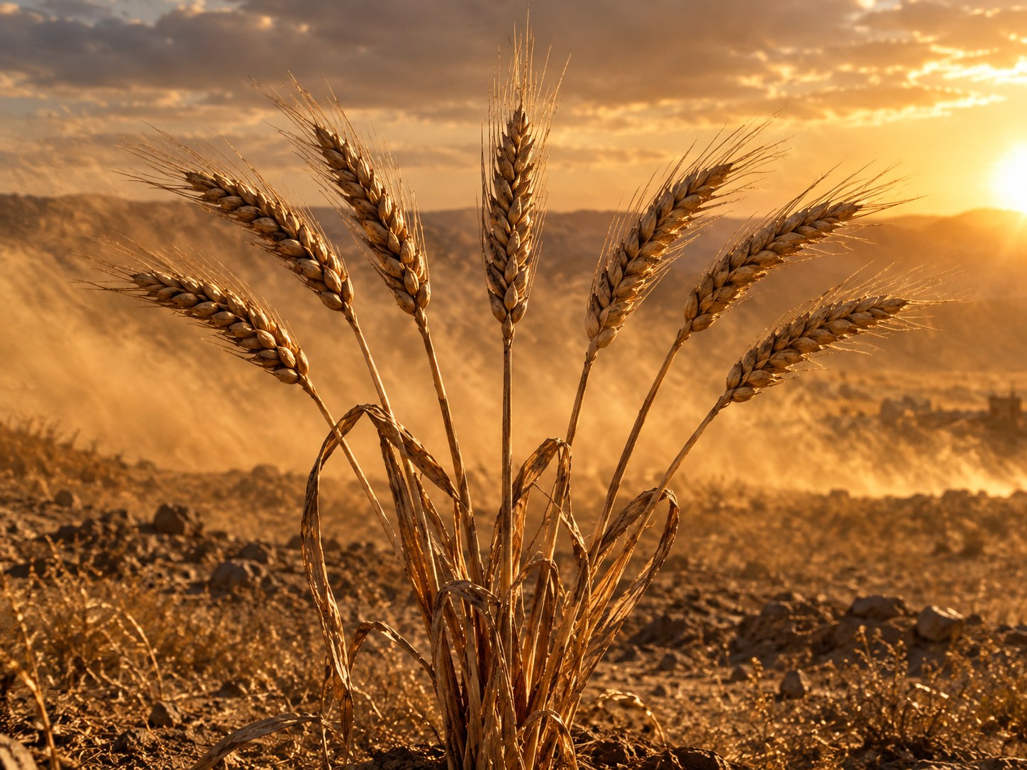 Sete espigas secas e retorcidas, queimadas pelo vento do deserto, brotando atrás das espigas cheias no sonho de Faraó
